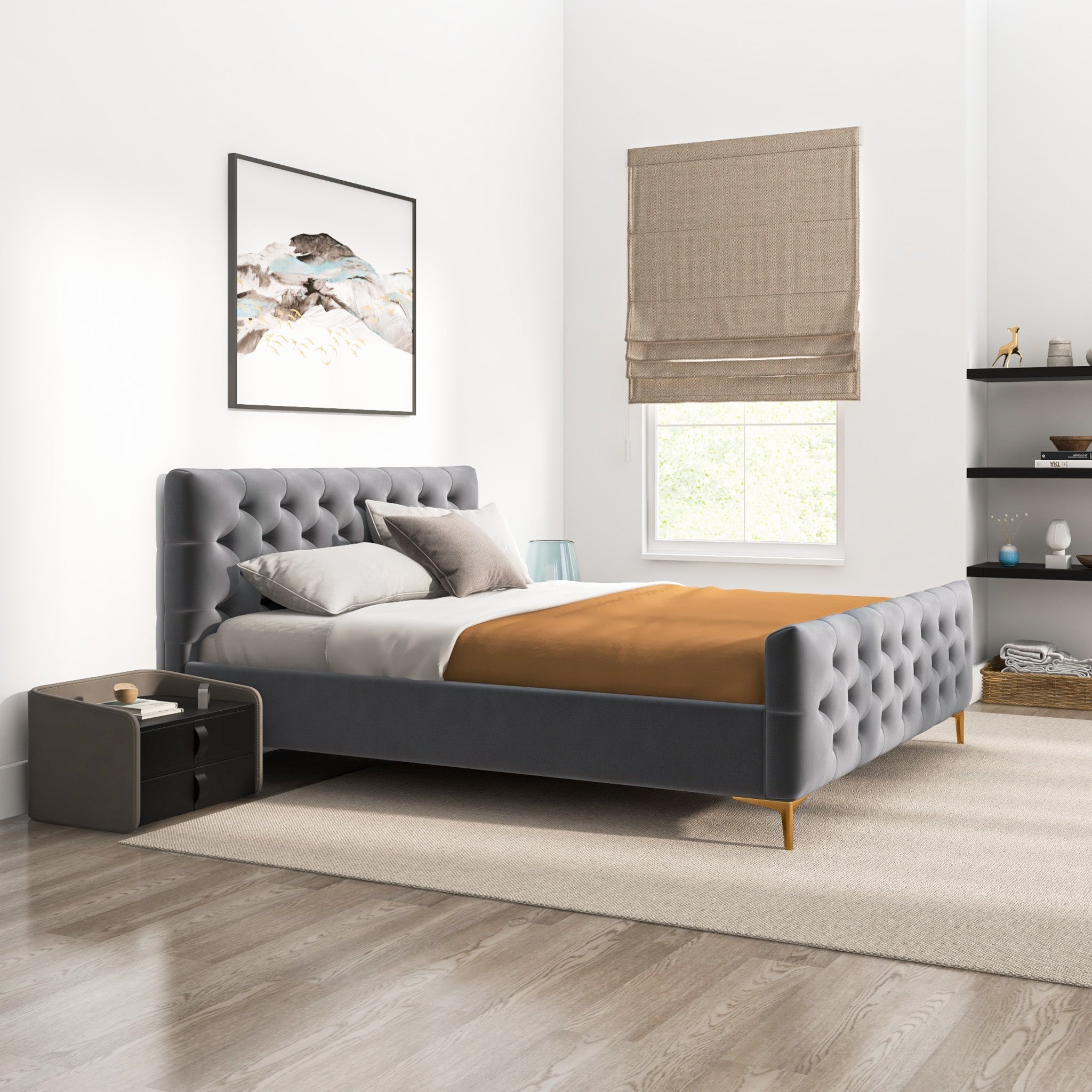 Beverly King Dark Grey Velvet Platform Bed - MidinMod