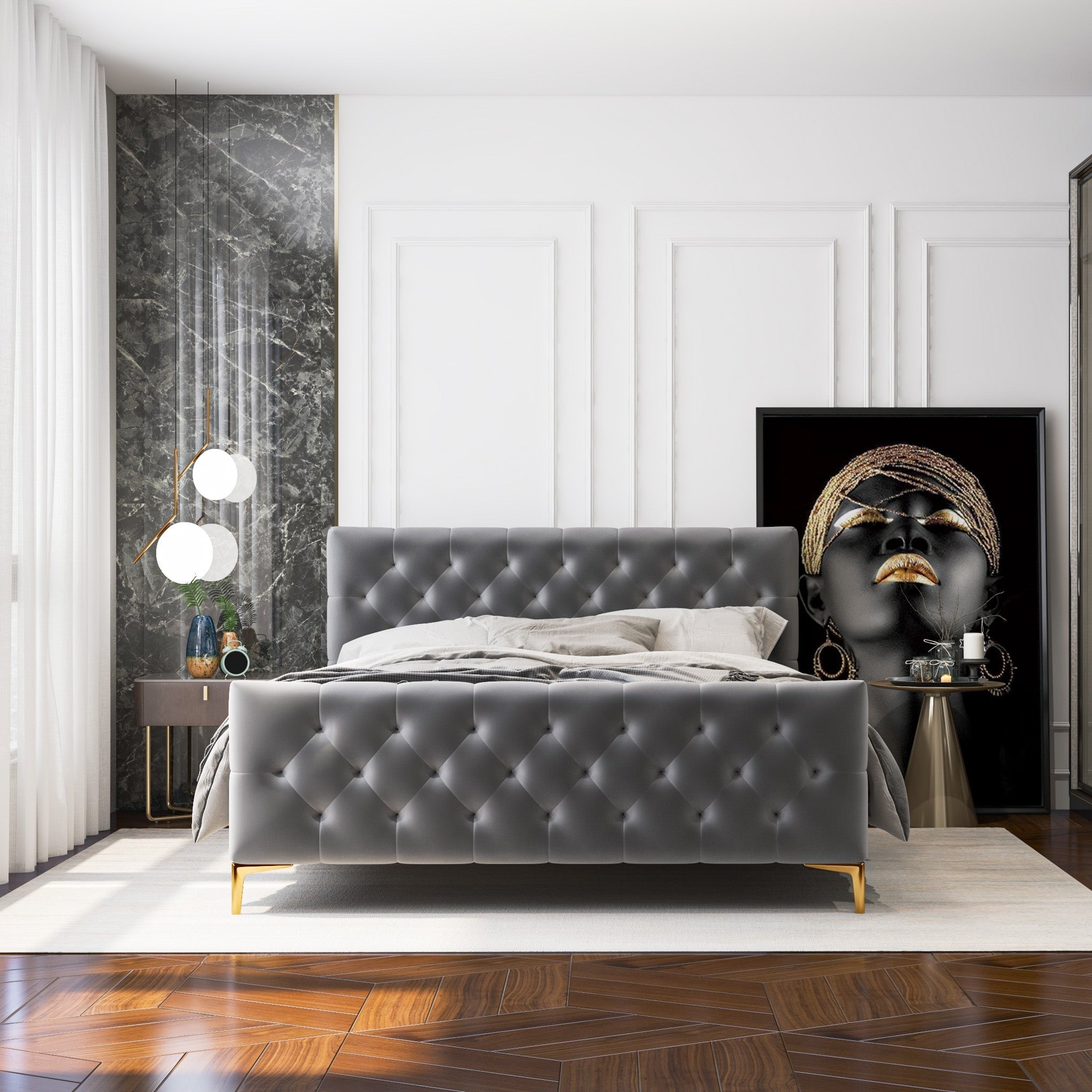 Beverly Queen Dark Grey Velvet Platform Bed - MidinMod