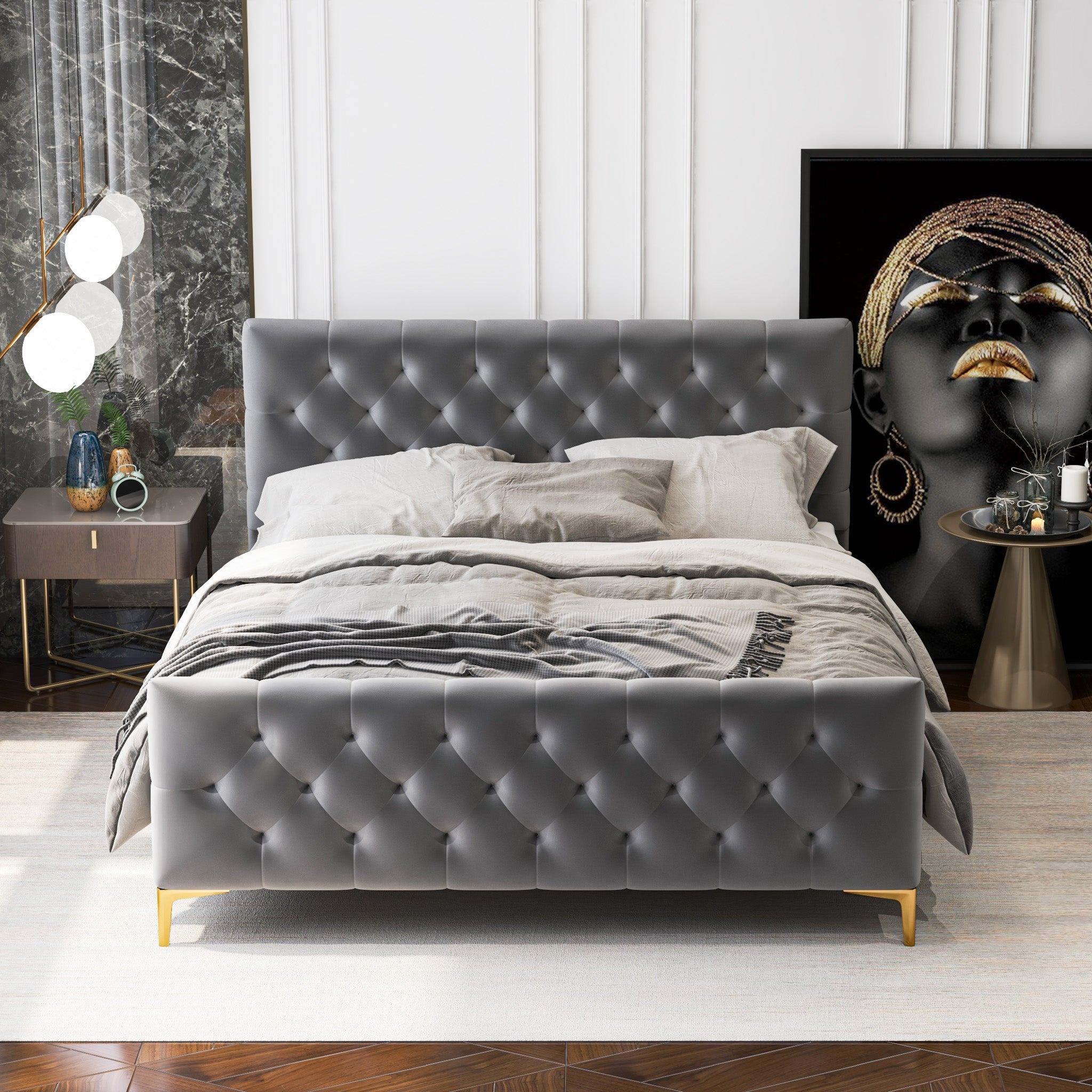 Beverly Queen Dark Grey Velvet Platform Bed - MidinMod