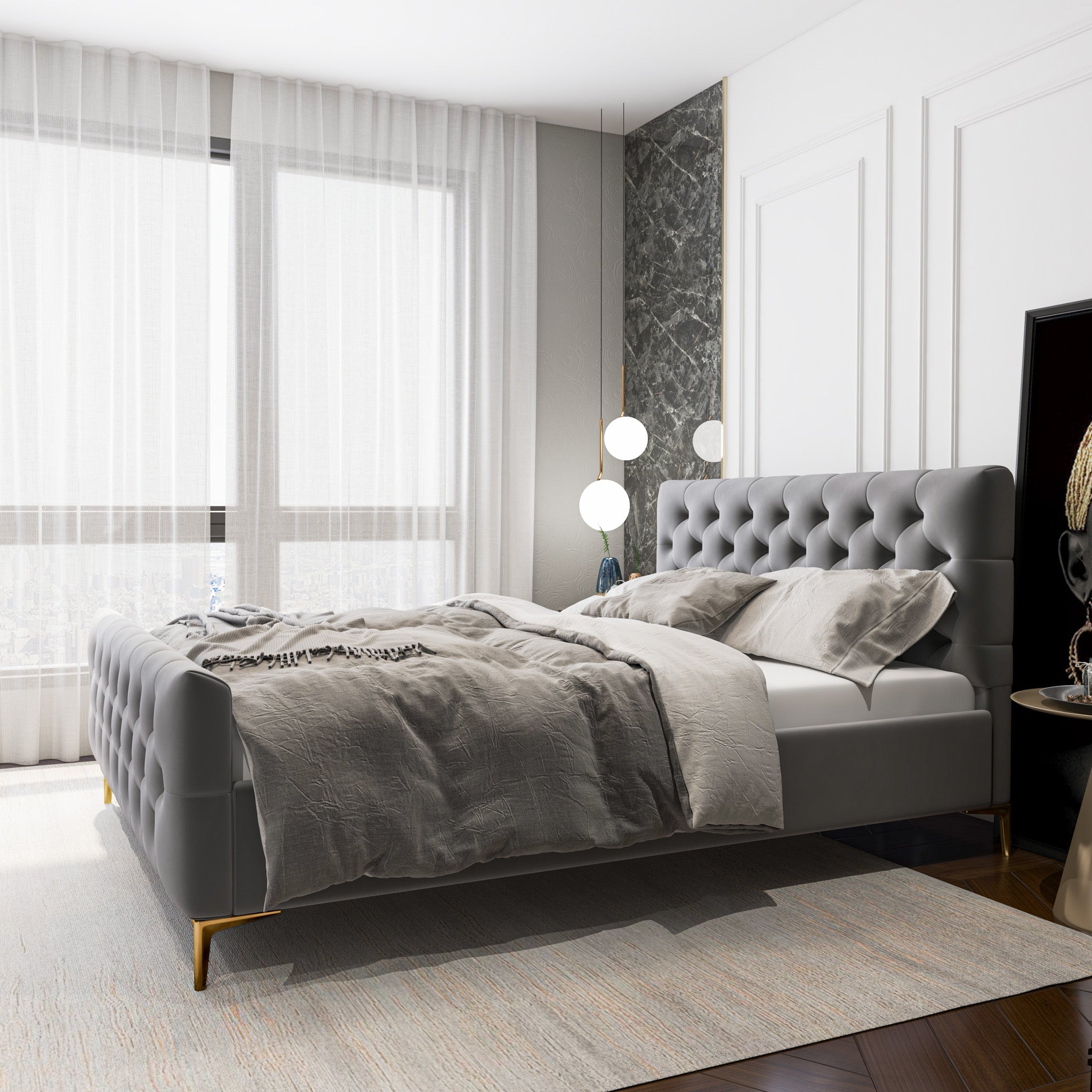 Beverly Queen Dark Grey Velvet Platform Bed - MidinMod