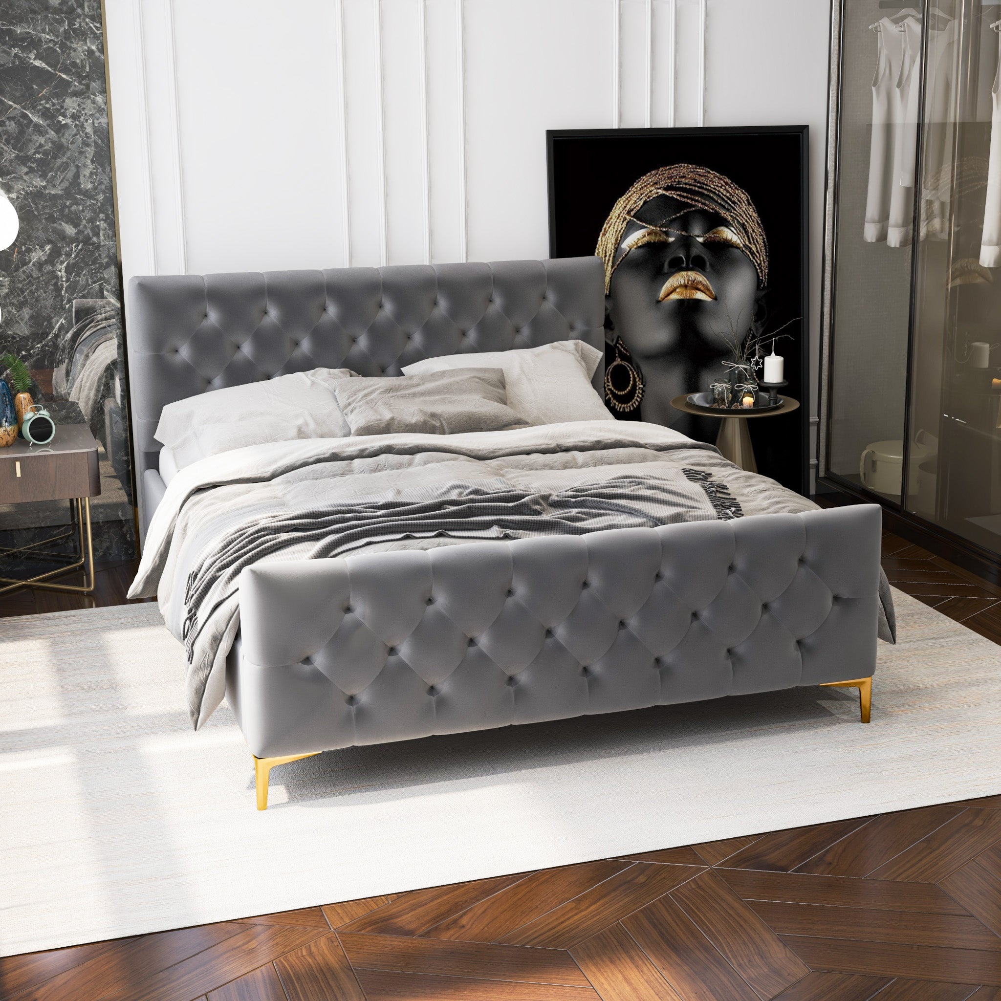 Beverly Queen Dark Grey Velvet Platform Bed - MidinMod