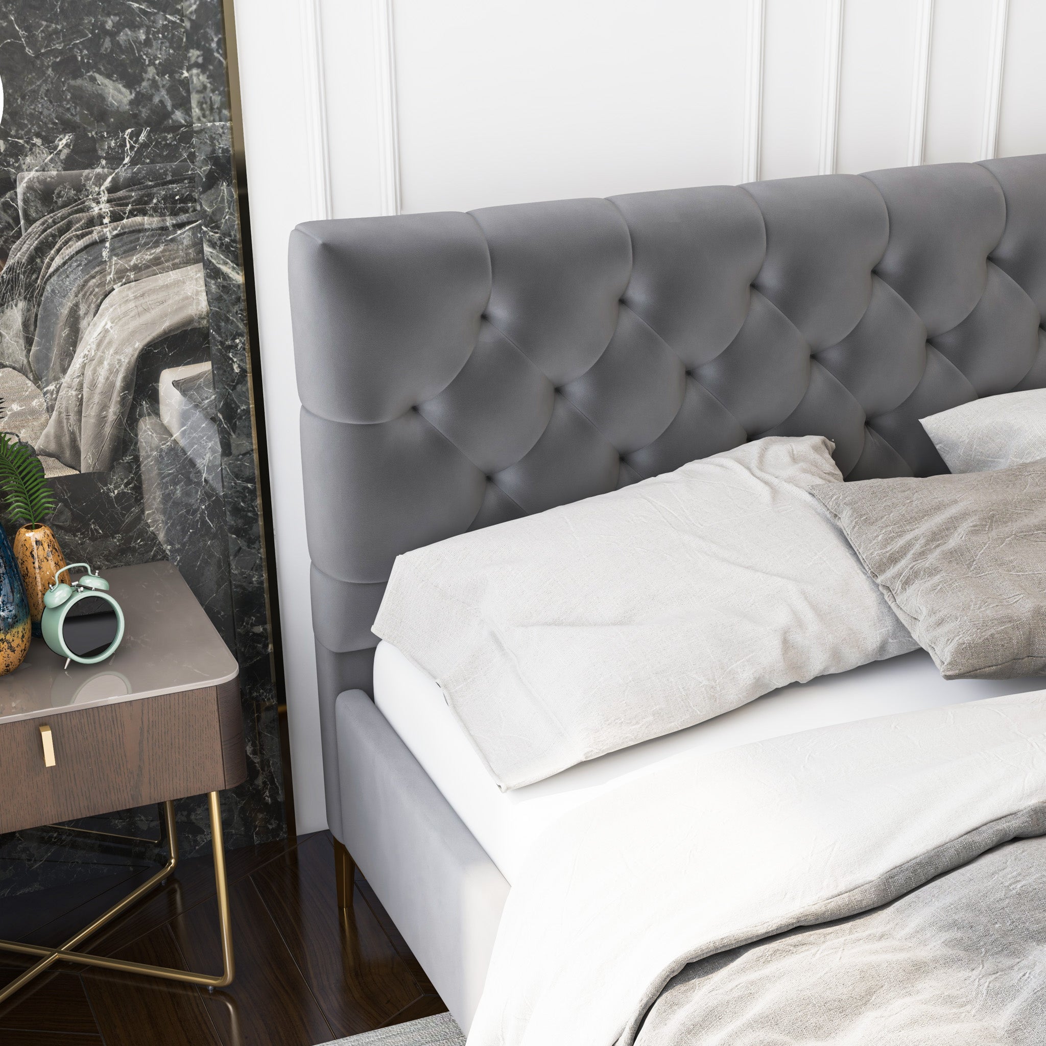 Beverly Queen Dark Grey Velvet Platform Bed - MidinMod