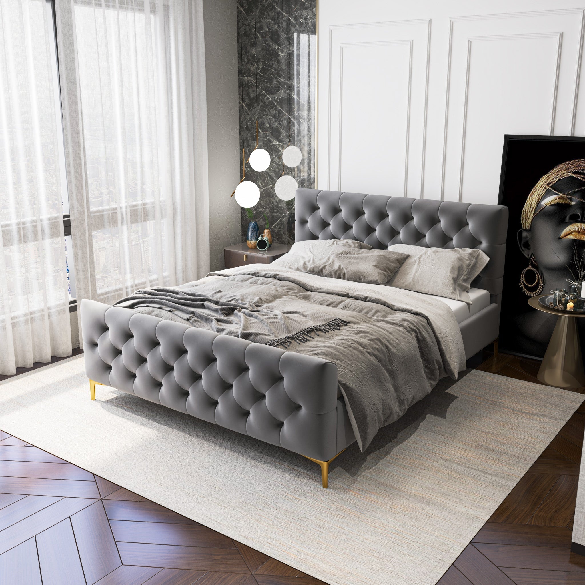 Beverly Queen Dark Grey Velvet Platform Bed - MidinMod