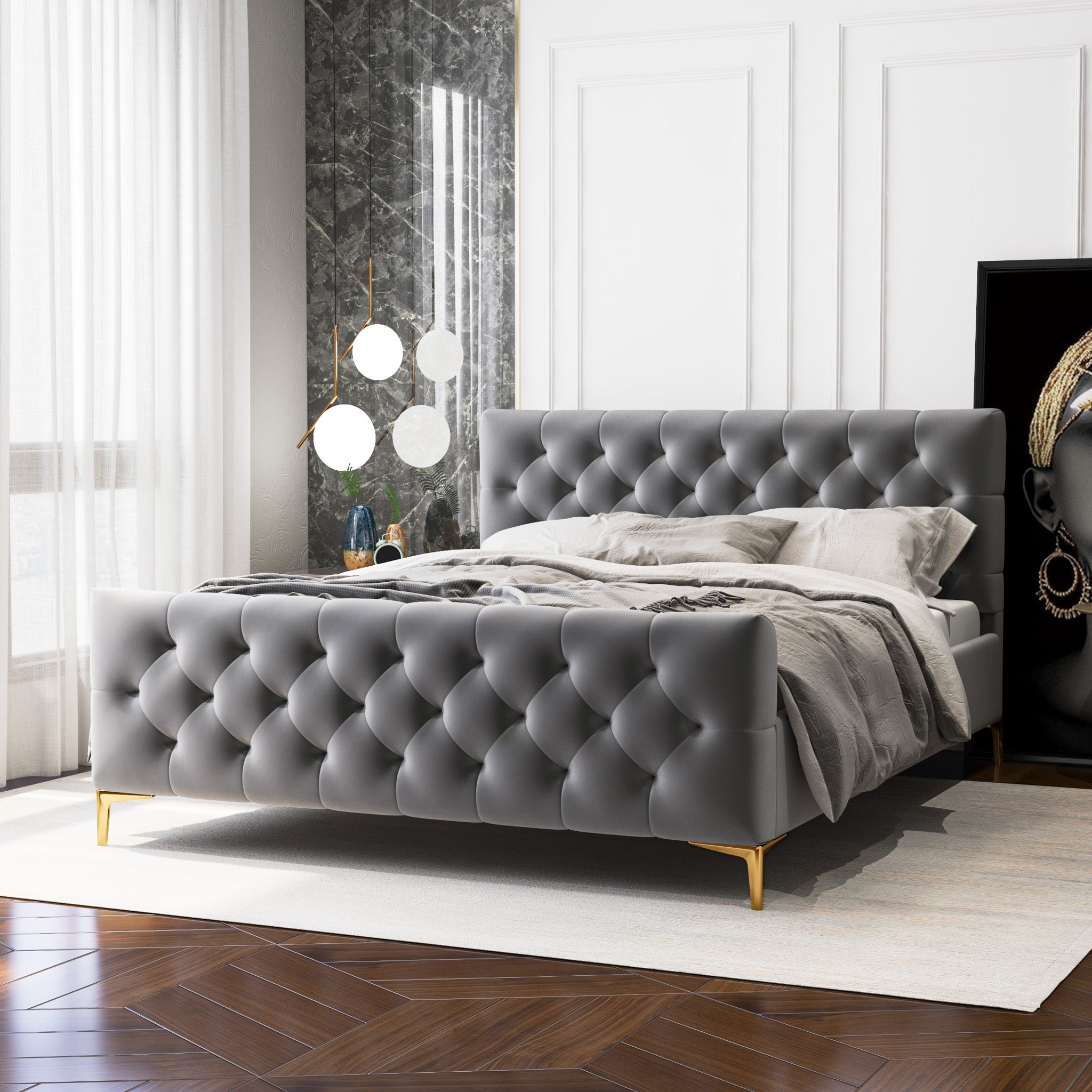 Beverly Queen Dark Grey Velvet Platform Bed - MidinMod