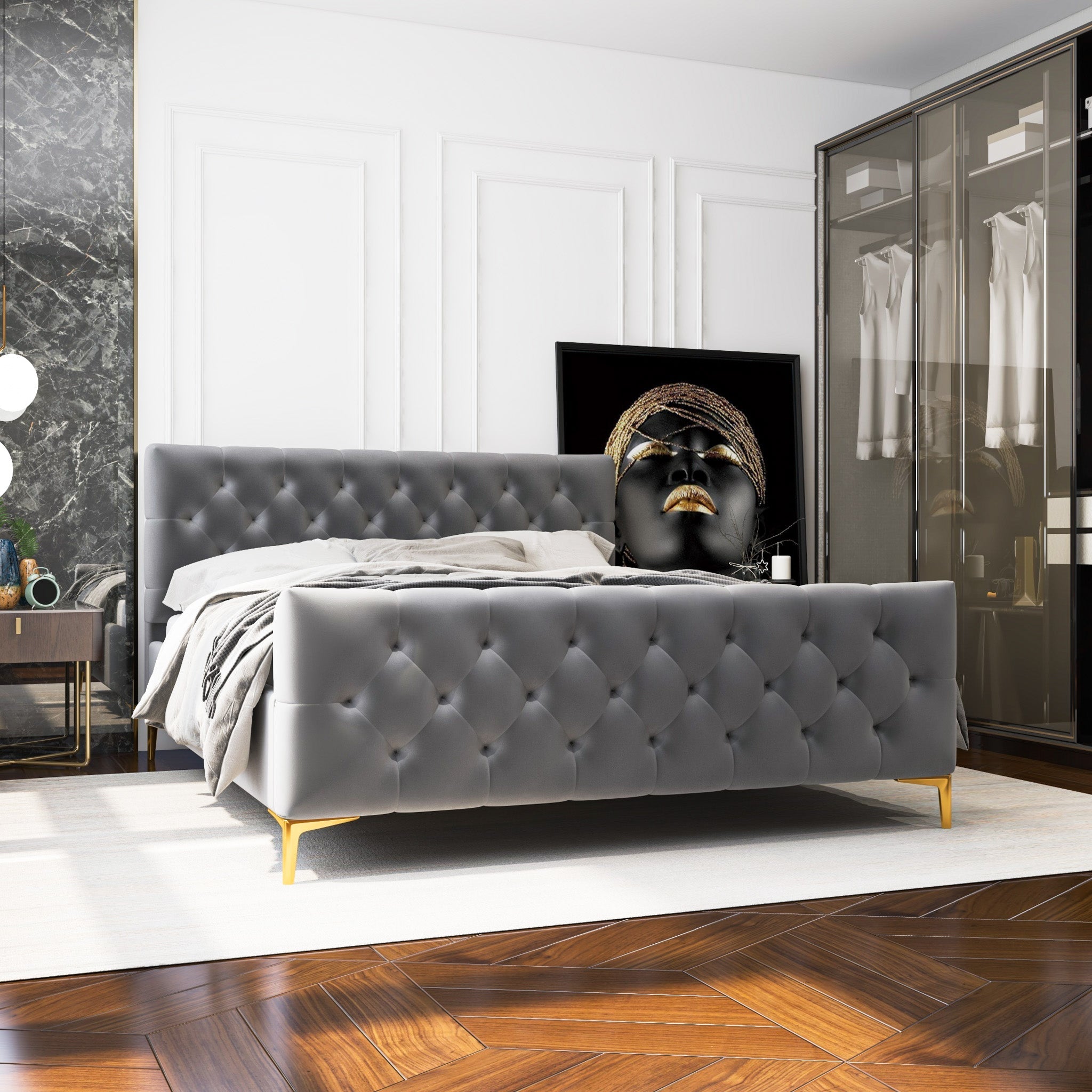 Beverly Queen Dark Grey Velvet Platform Bed - MidinMod