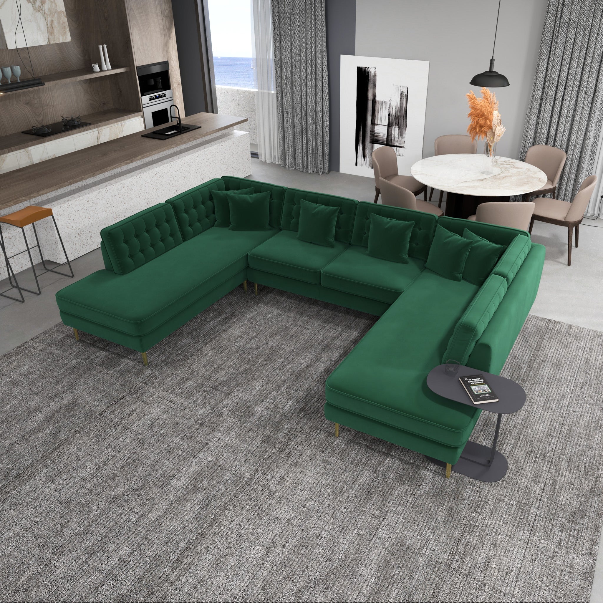 Caleb Dark Green Velvet U Shape Corner Sofa - MidinMod