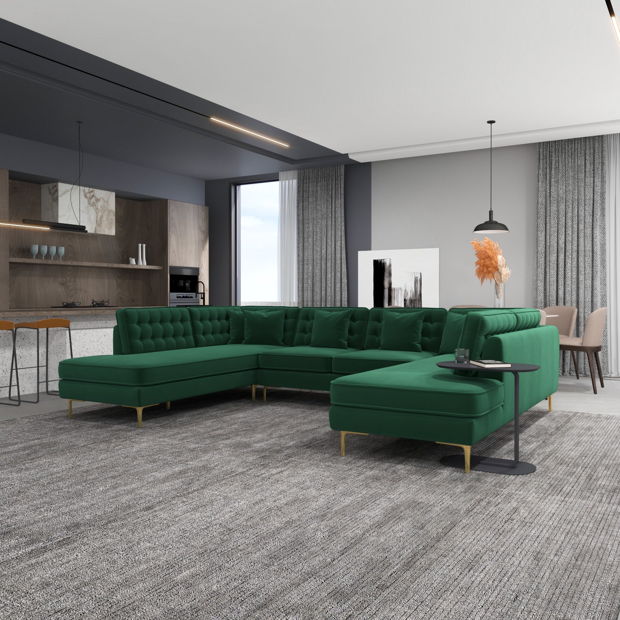 Caleb Dark Green Velvet U Shape Corner Sofa - MidinMod