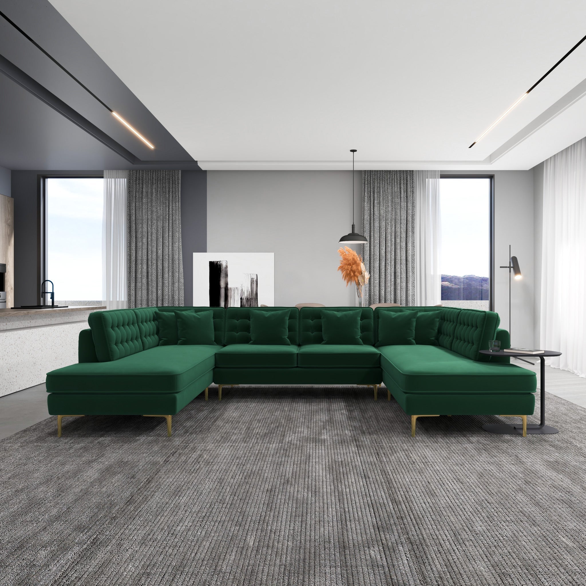 Caleb Dark Green Velvet U Shape Corner Sofa - MidinMod
