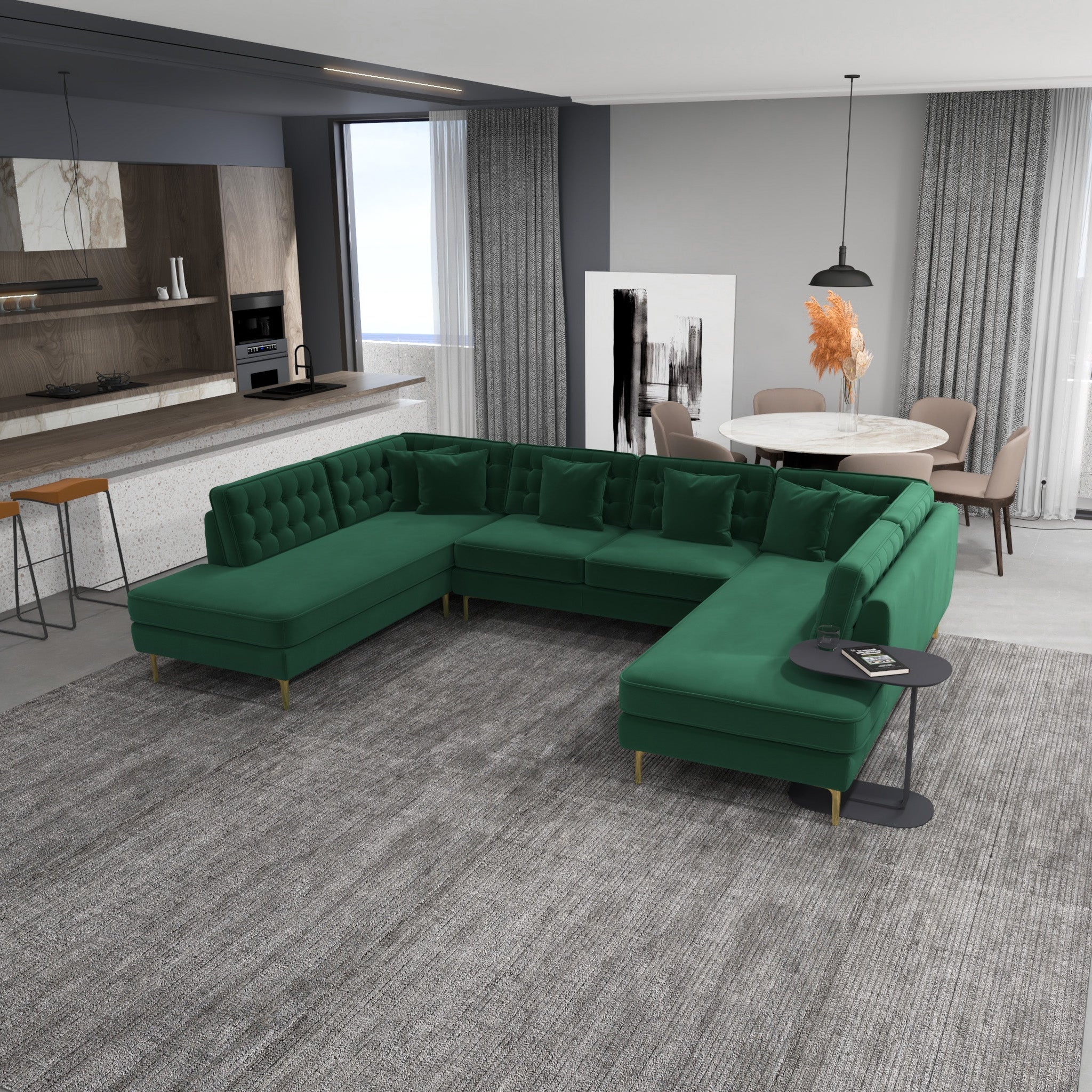 Caleb Dark Green Velvet U Shape Corner Sofa - MidinMod