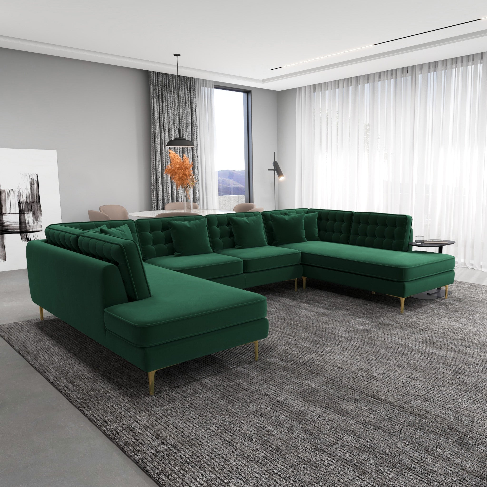 Caleb Dark Green Velvet U Shape Corner Sofa - MidinMod