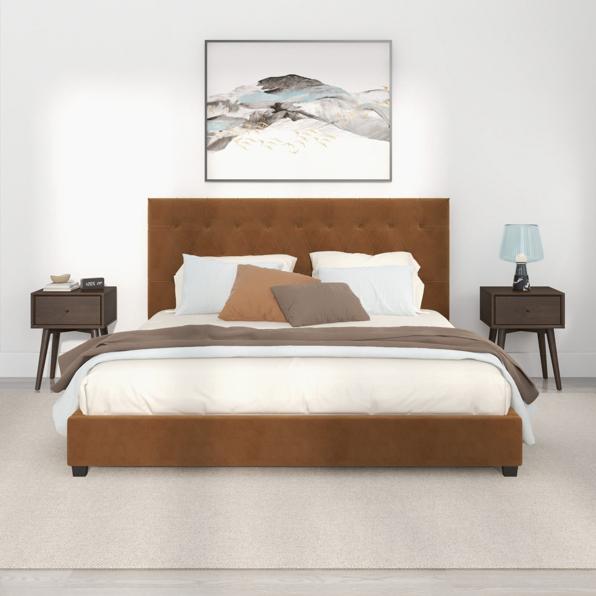 Eldridge King Cognac Velvet Platform Bed - MidinMod