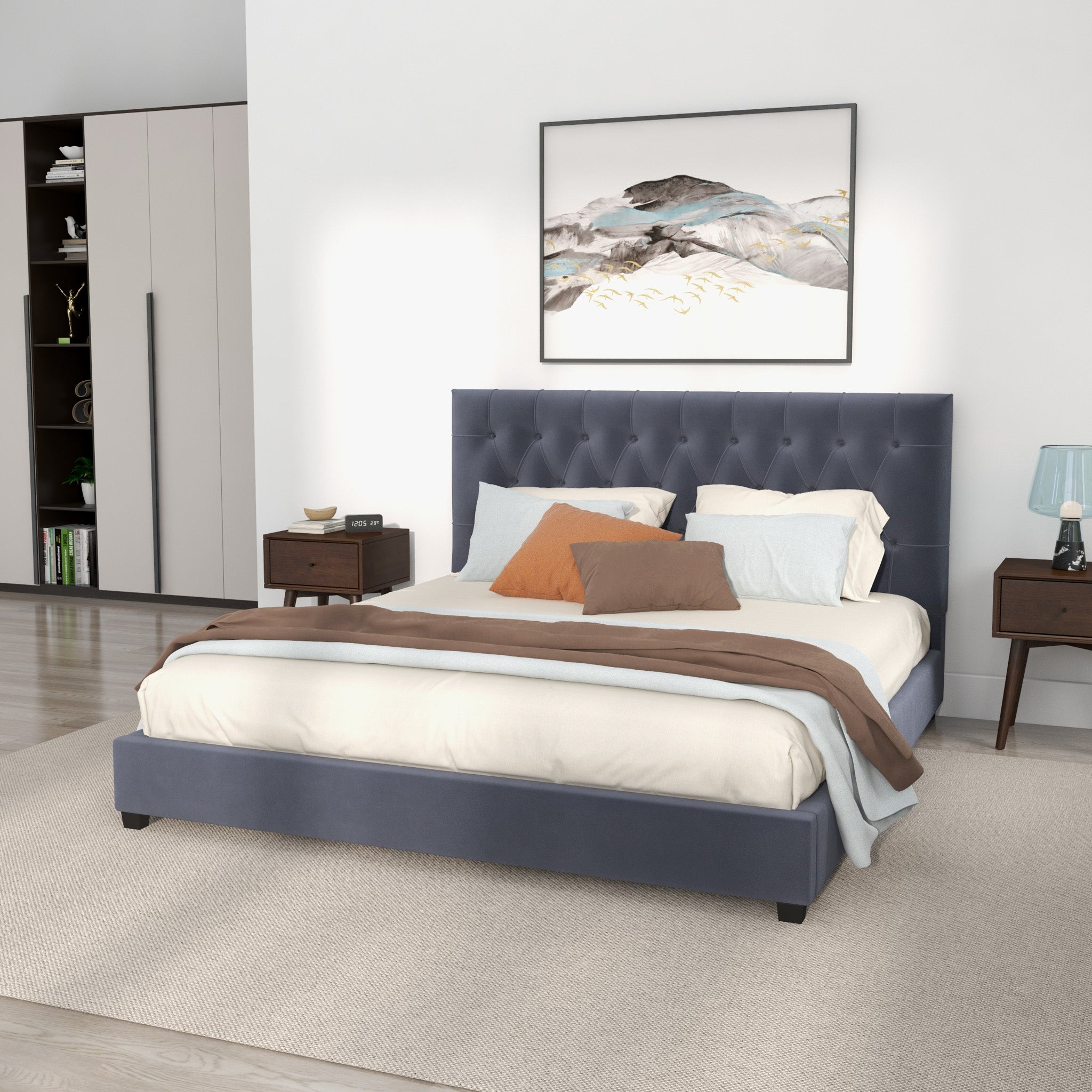Eldridge King Gray Velvet Platform Bed - MidinMod