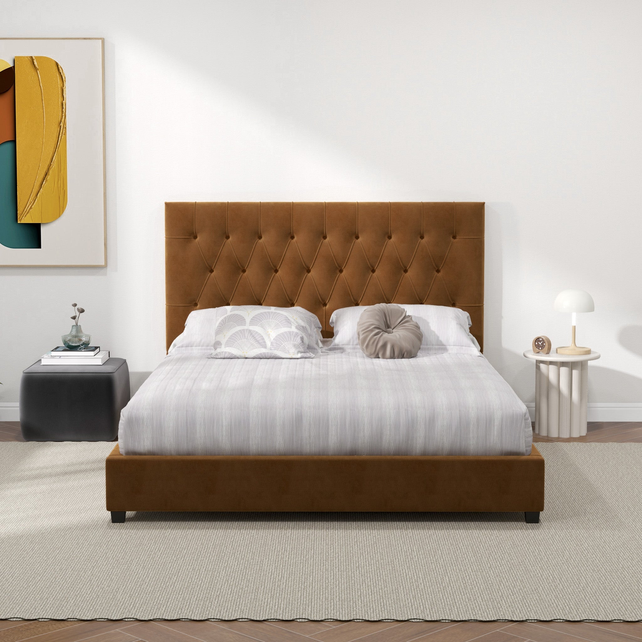 Eldridge Queen Cognac Velvet Platform Bed - MidinMod