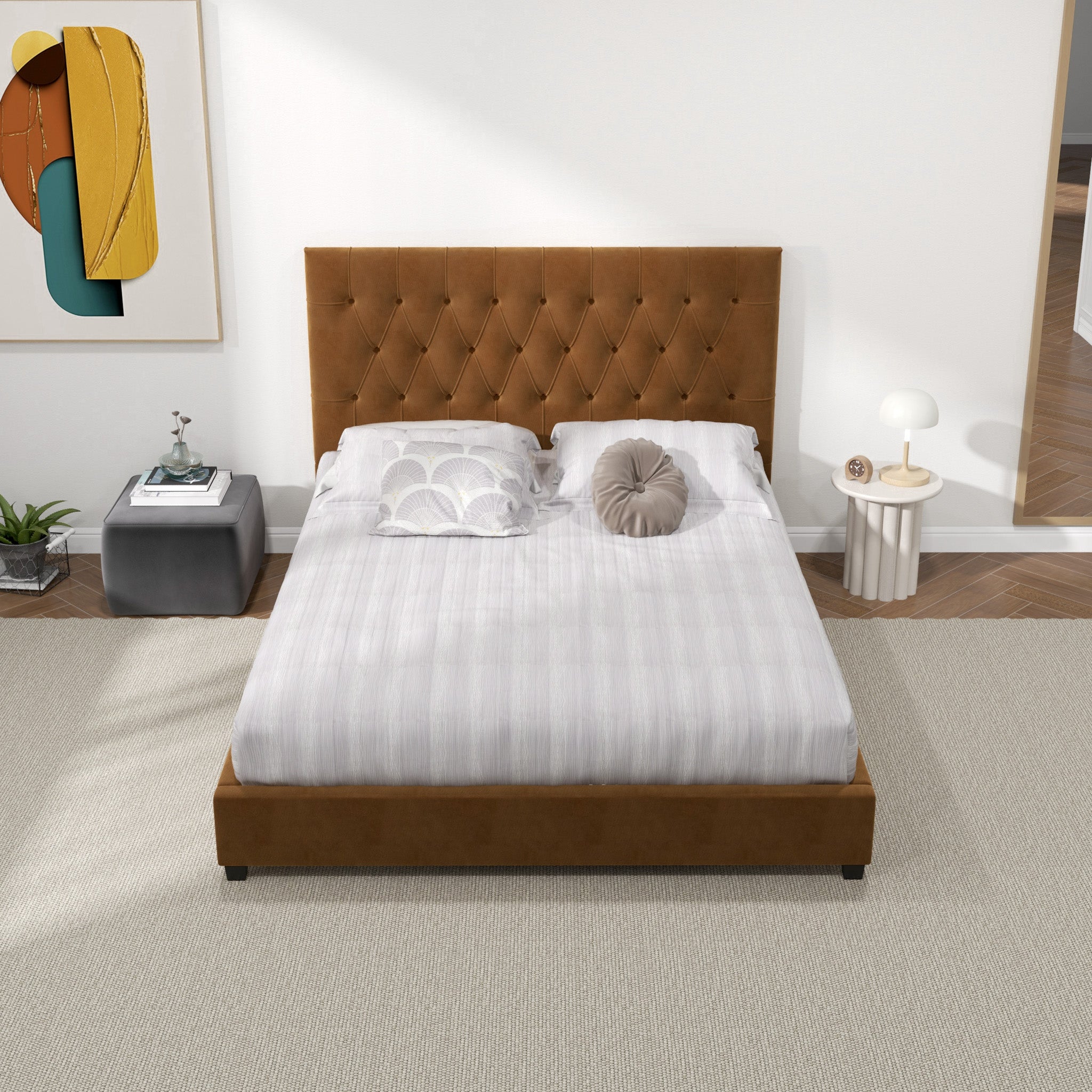Eldridge Queen Cognac Velvet Platform Bed - MidinMod