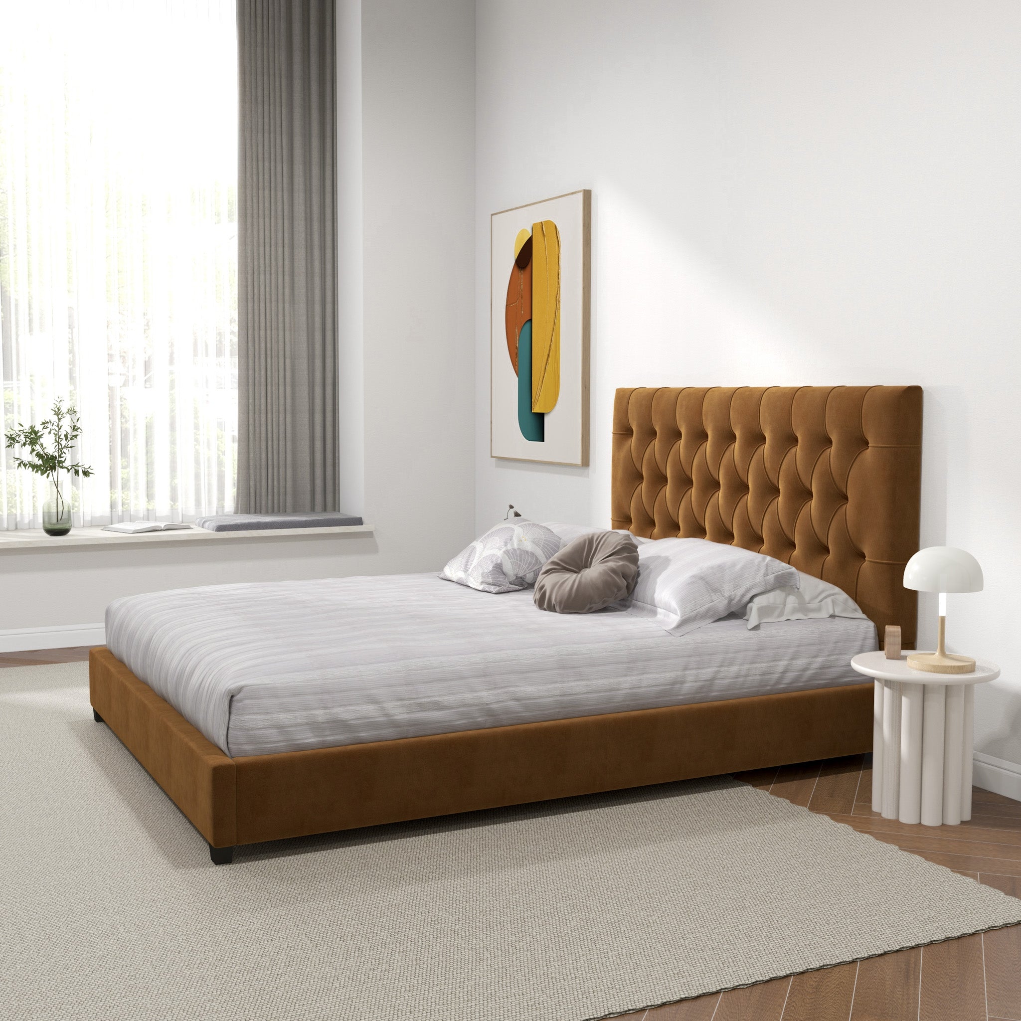 Eldridge Queen Cognac Velvet Platform Bed - MidinMod