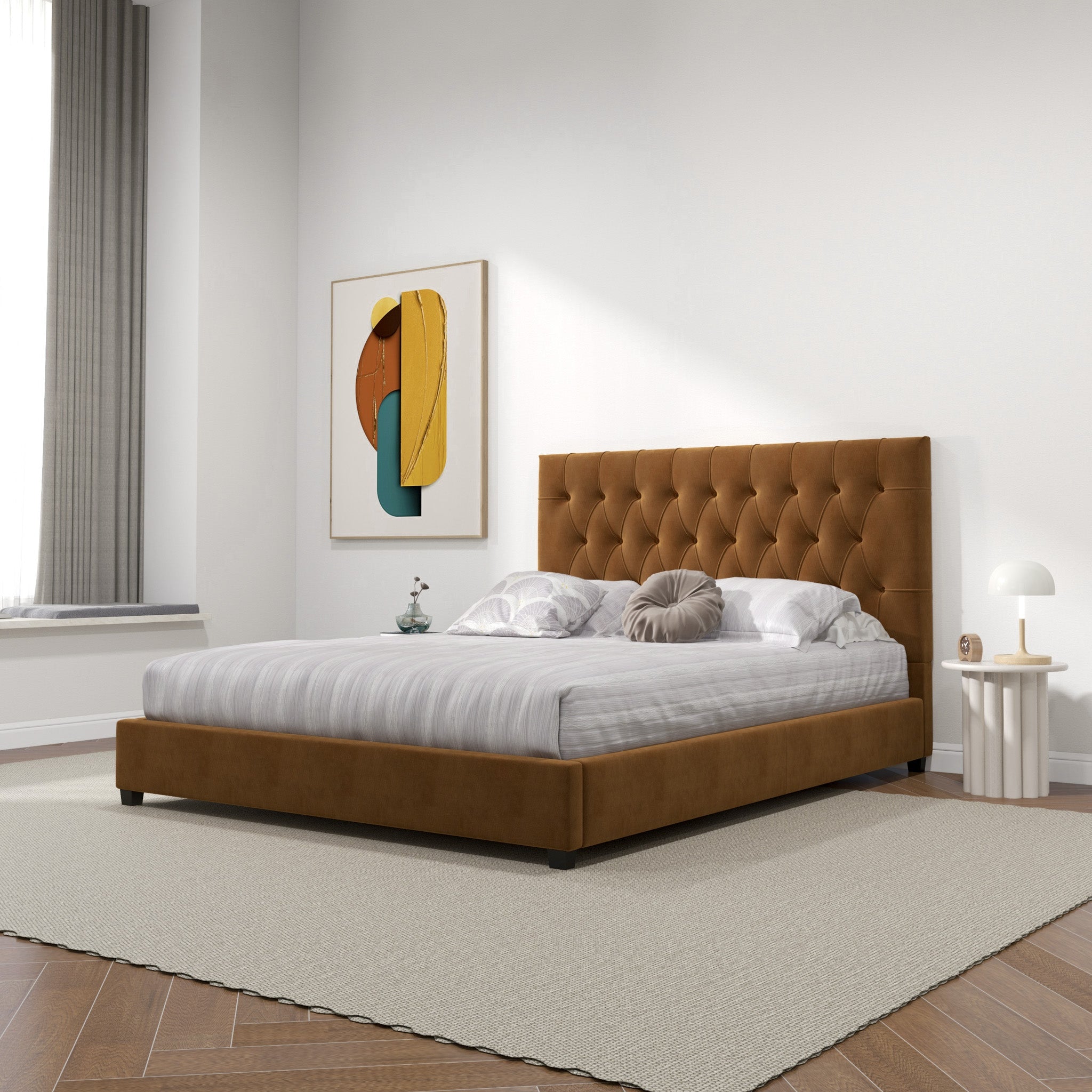 Eldridge Queen Cognac Velvet Platform Bed - MidinMod