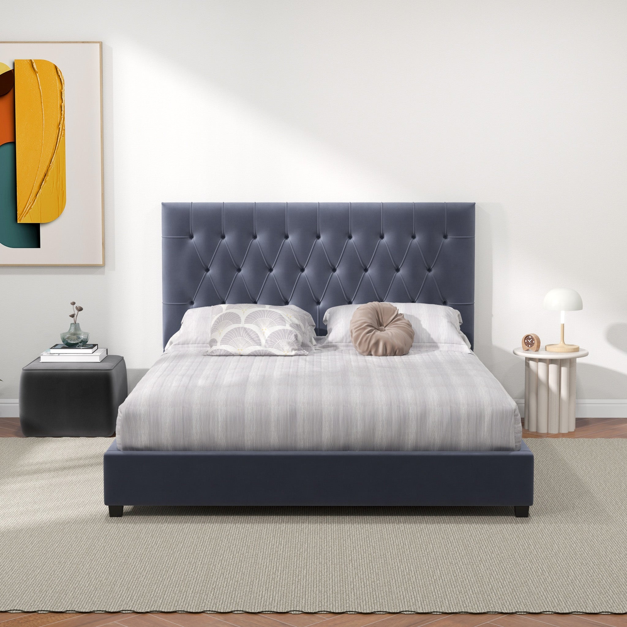 Eldridge Queen Gray Velvet Platform Bed - MidinMod