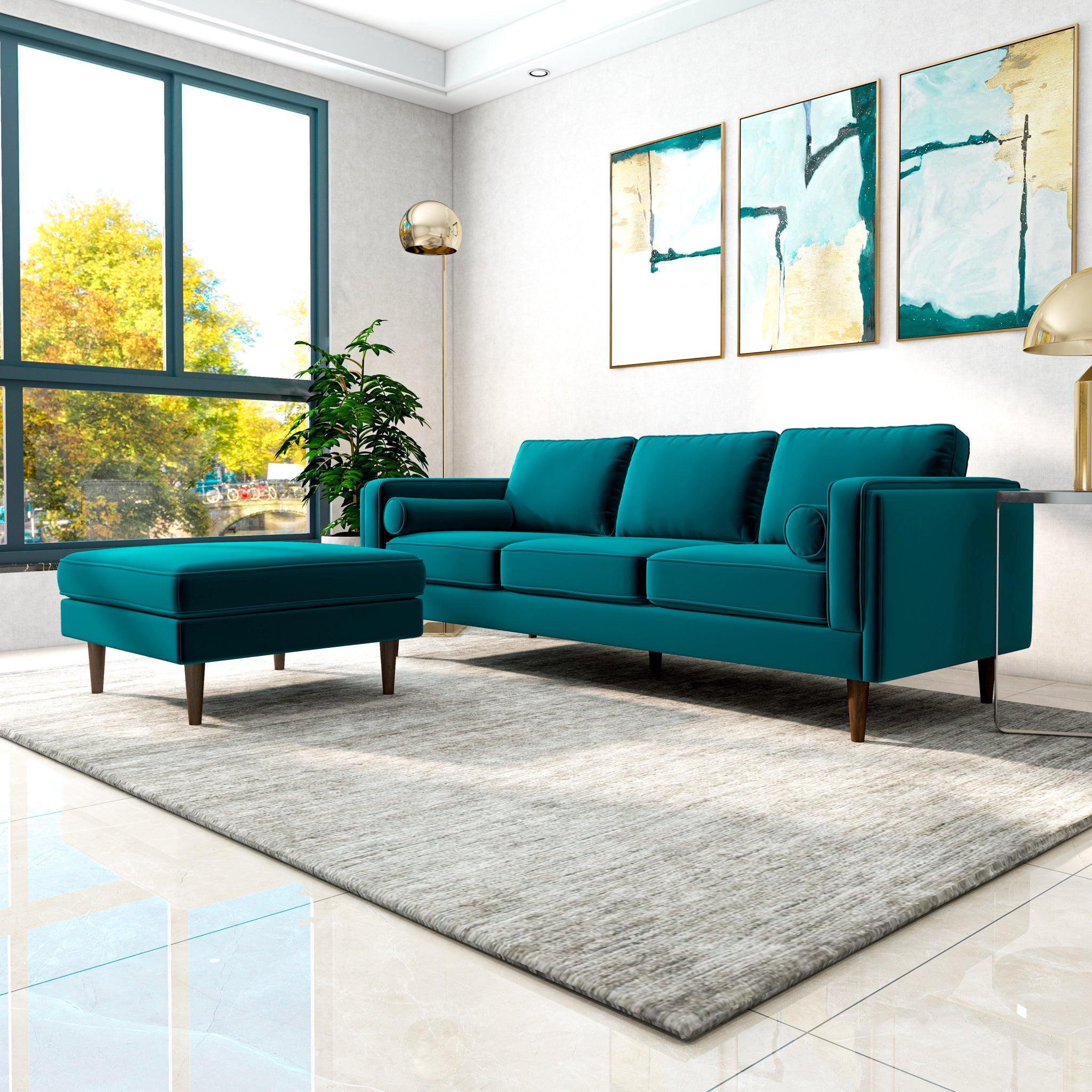 Fordham Teal Velvet Ottoman - MidinMod