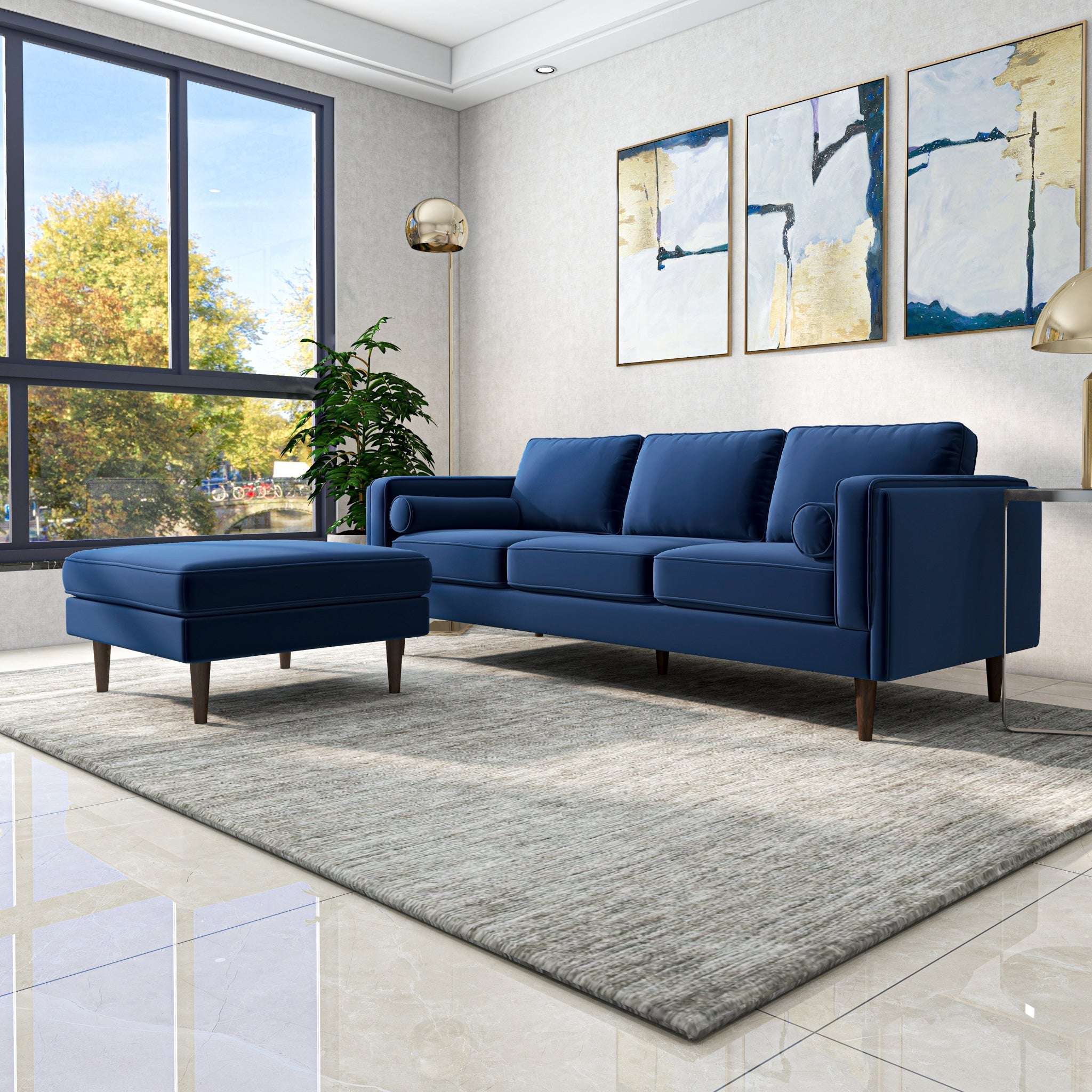 Fordham Blue Velvet Ottoman - MidinMod