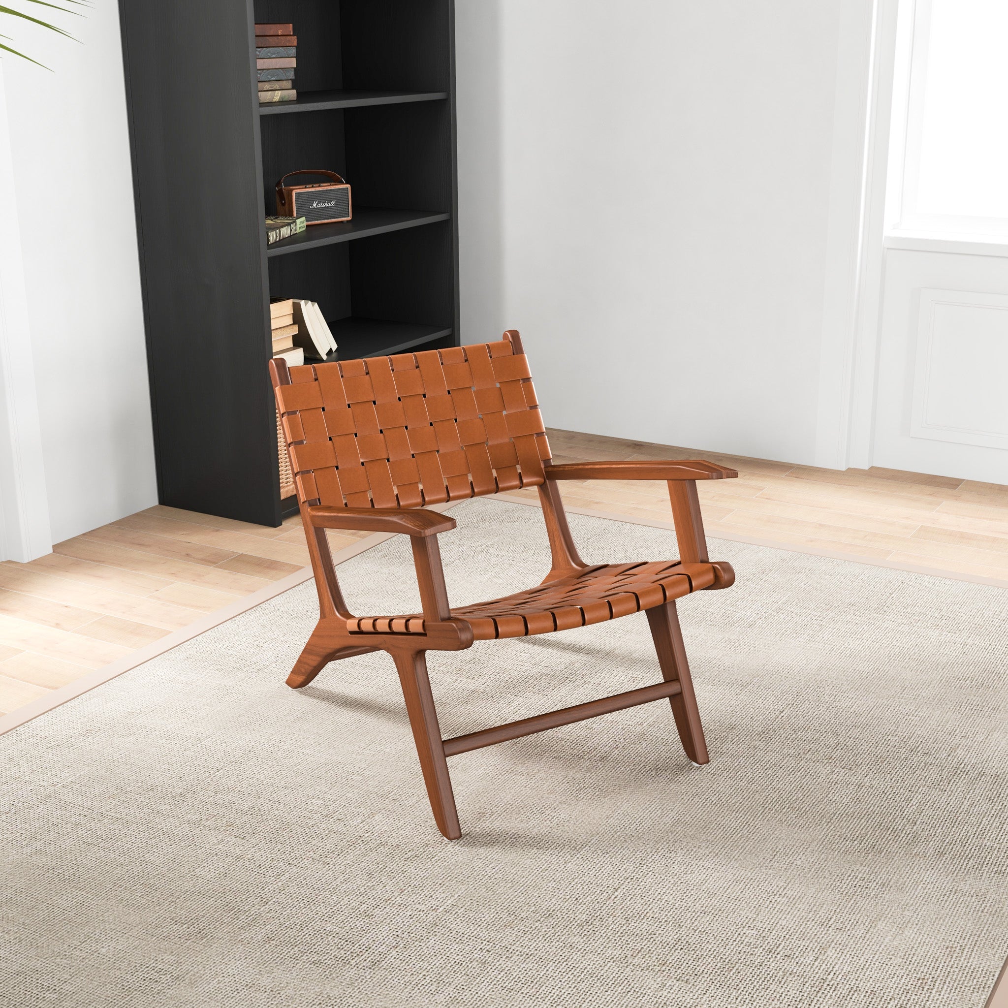 Lento Tan Strap Leather Teak Wood Lounge Chair - MidinMod