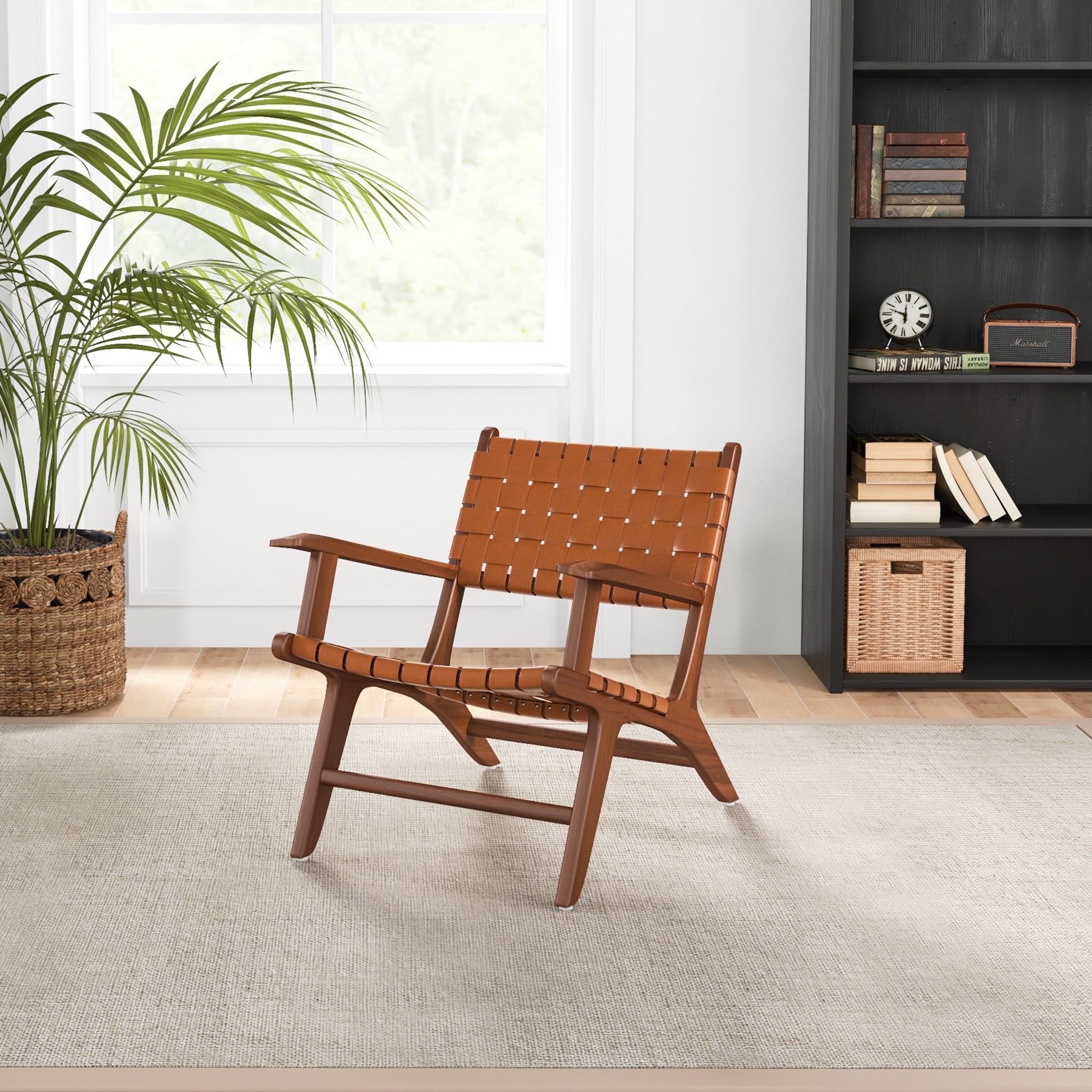 Lento Tan Strap Leather Teak Wood Lounge Chair - MidinMod