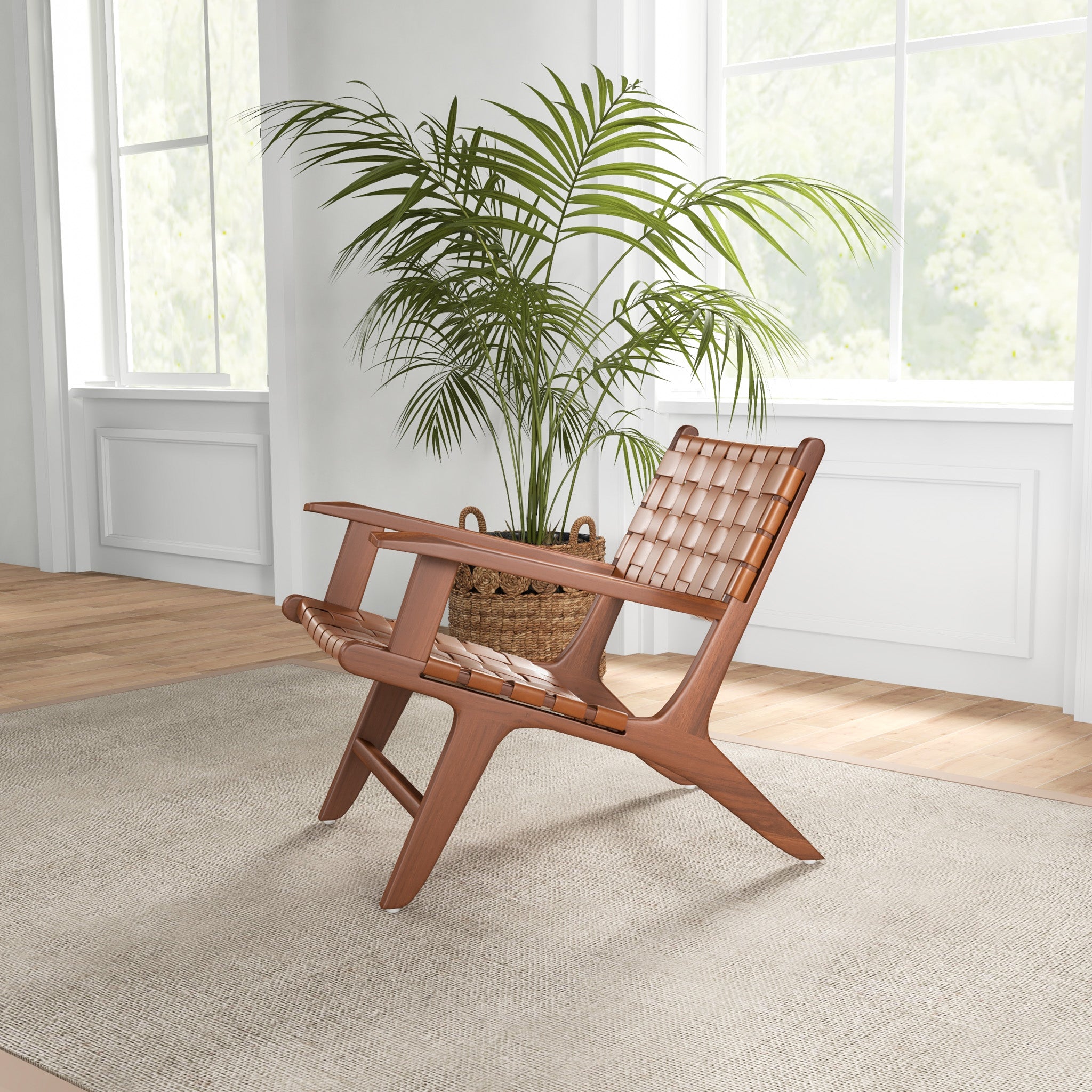 Lento Tan Strap Leather Teak Wood Lounge Chair - MidinMod