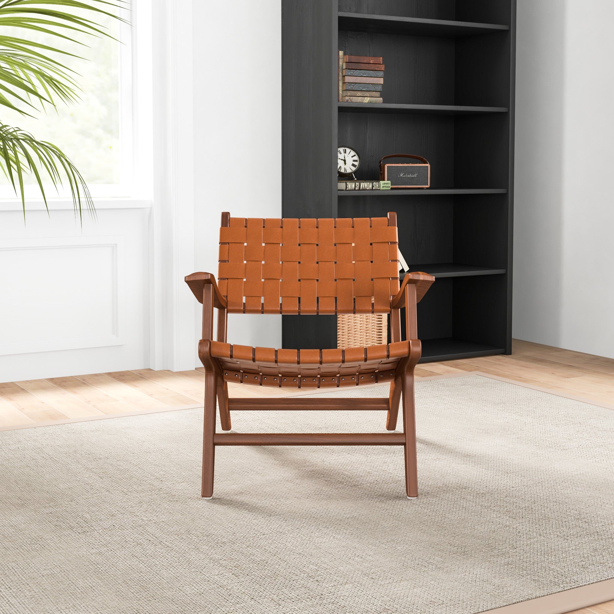 Lento Tan Strap Leather Teak Wood Lounge Chair - MidinMod