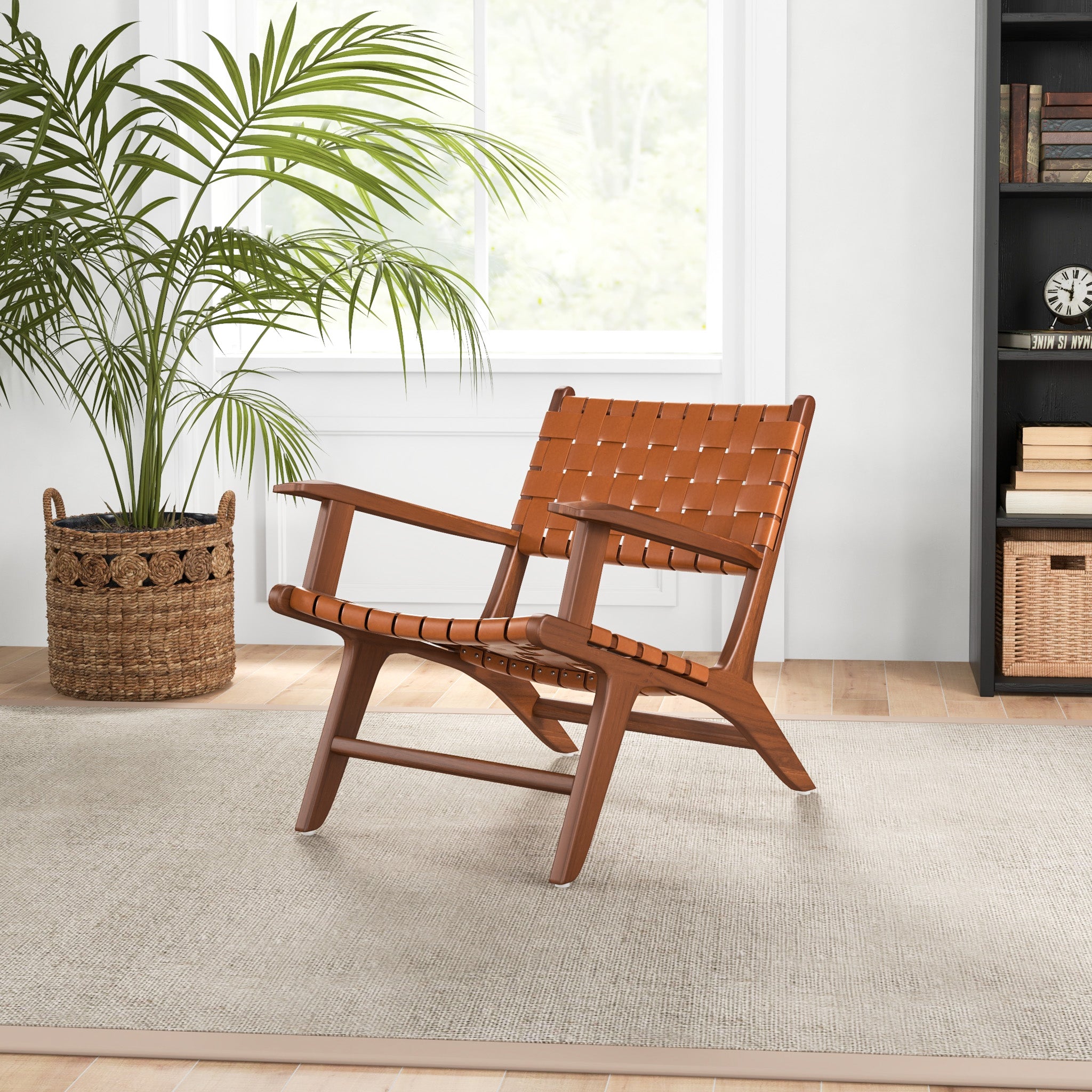 Lento Tan Strap Leather Teak Wood Lounge Chair - MidinMod