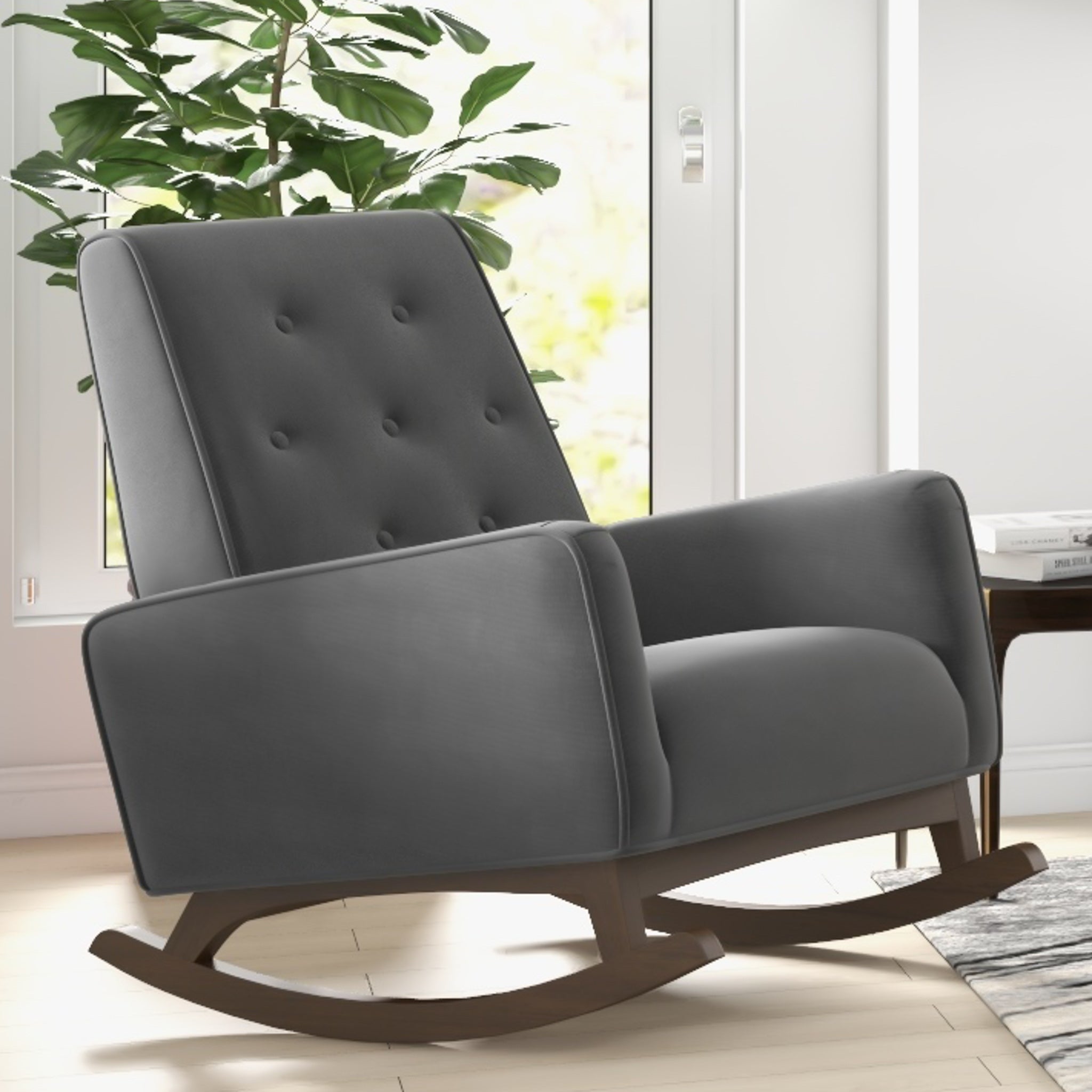 Windsor Dark Grey Velvet Fabric Rocking Chair - MidinMod