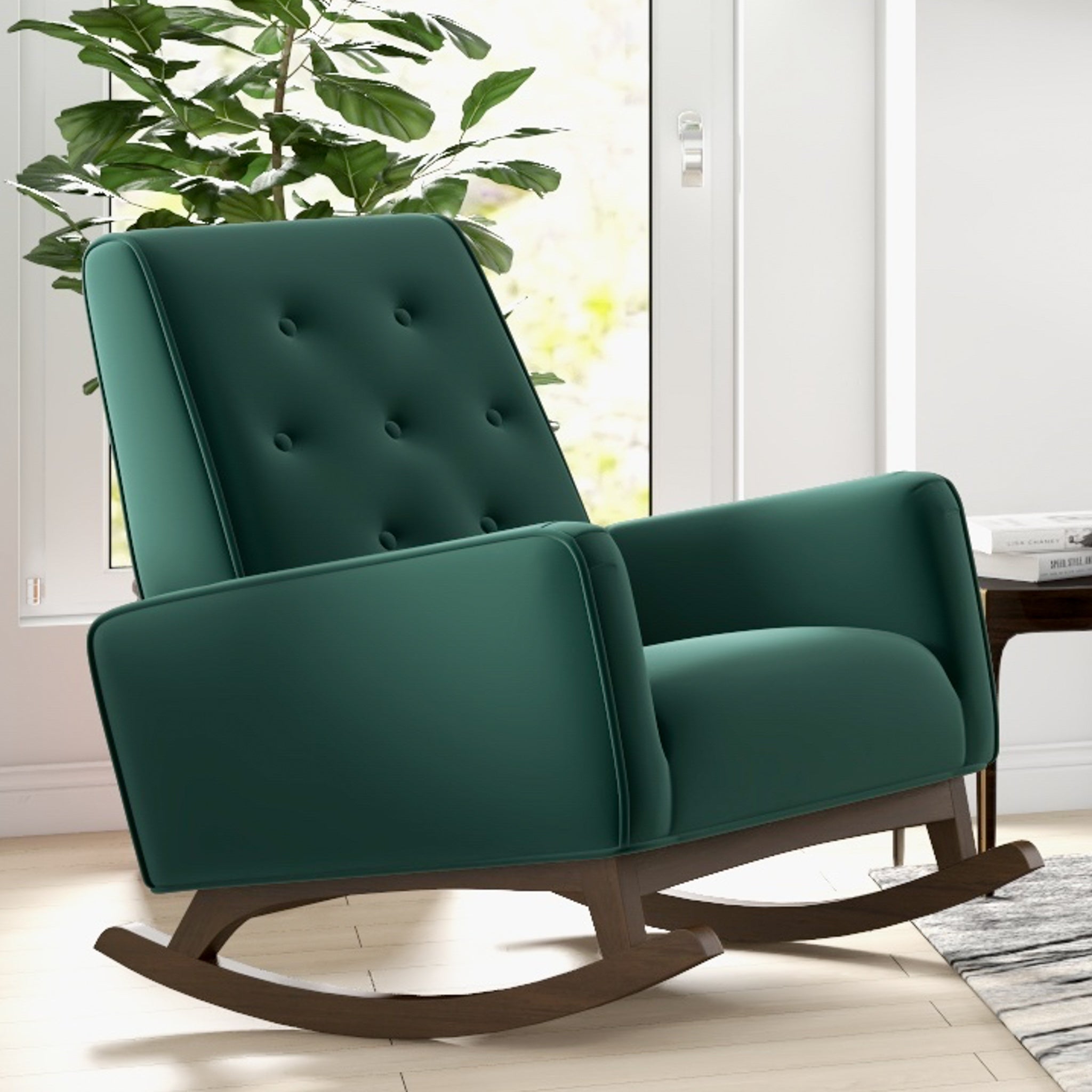 Windsor Green Velvet Fabric Rocking Chair - MidinMod