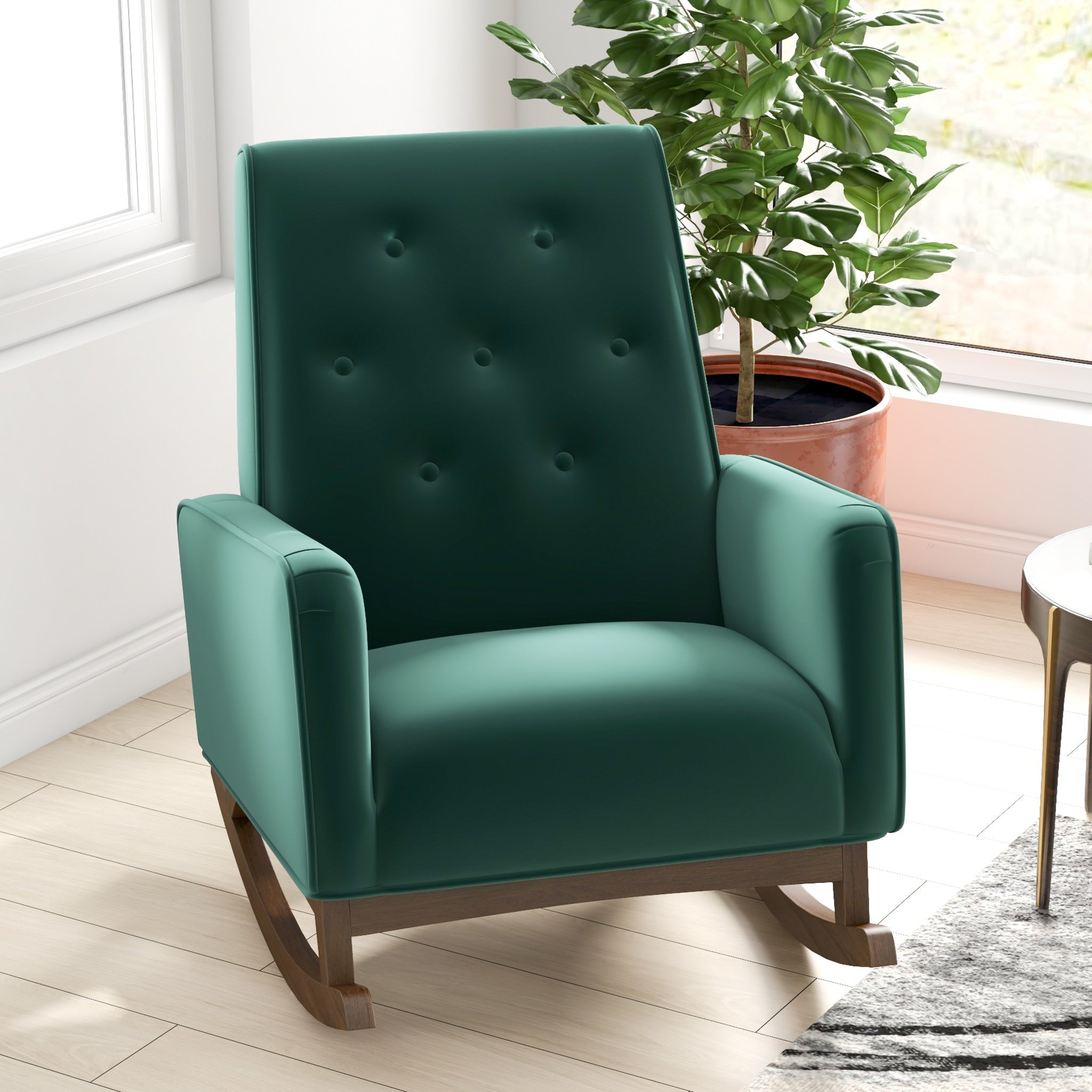 Windsor Green Velvet Fabric Rocking Chair - MidinMod
