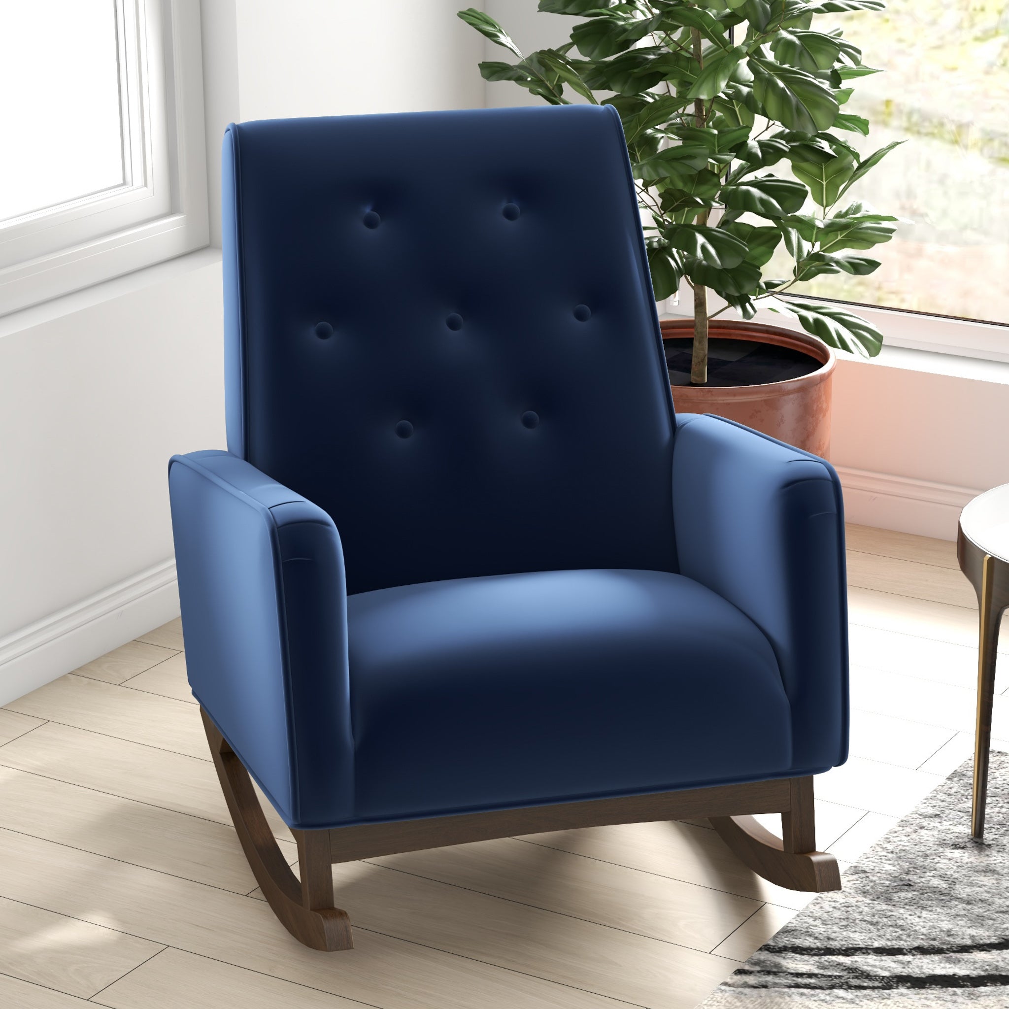 Windsor Dark Blue Velvet Fabric Rocking Chair - MidinMod