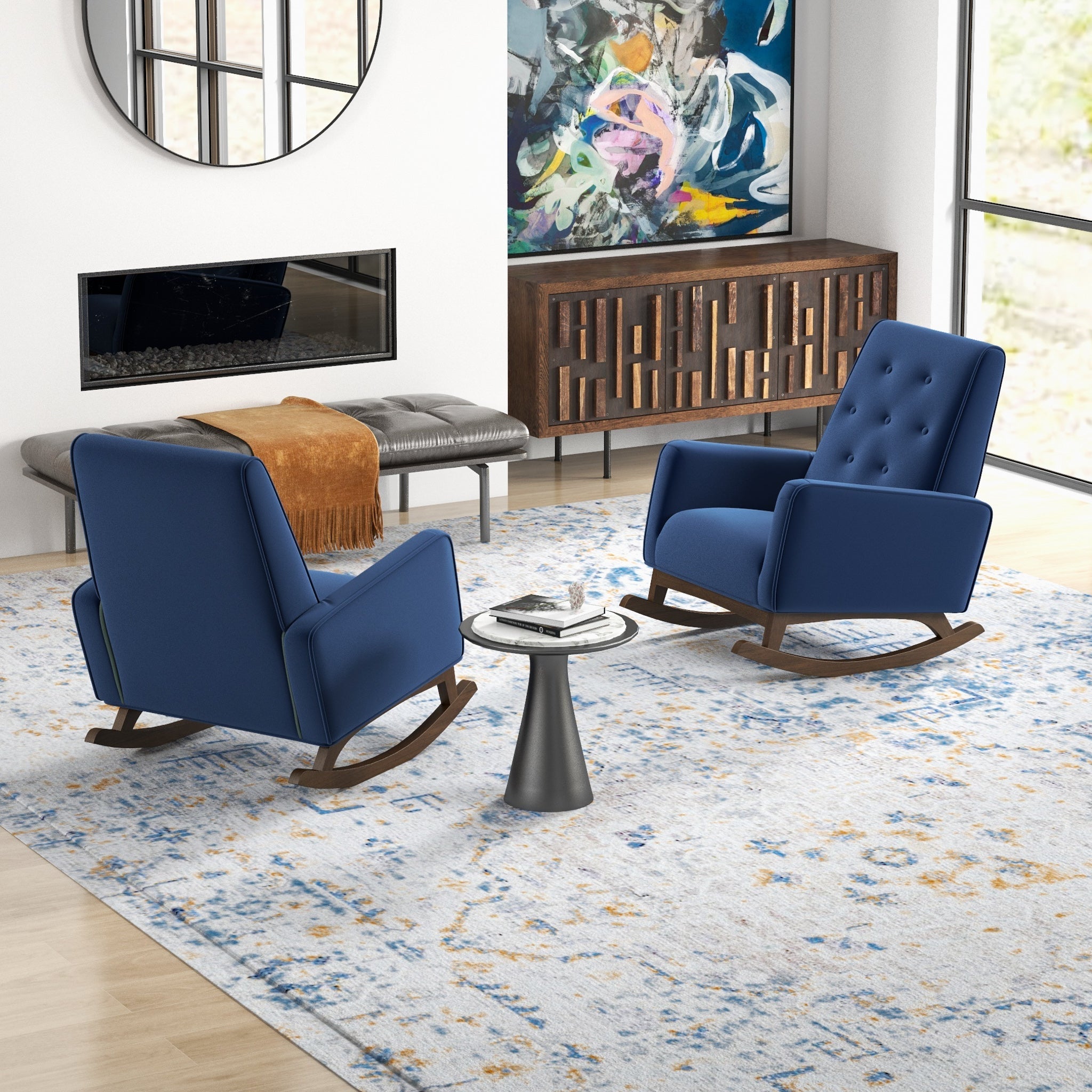 Windsor Dark Blue Velvet Fabric Rocking Chair - MidinMod