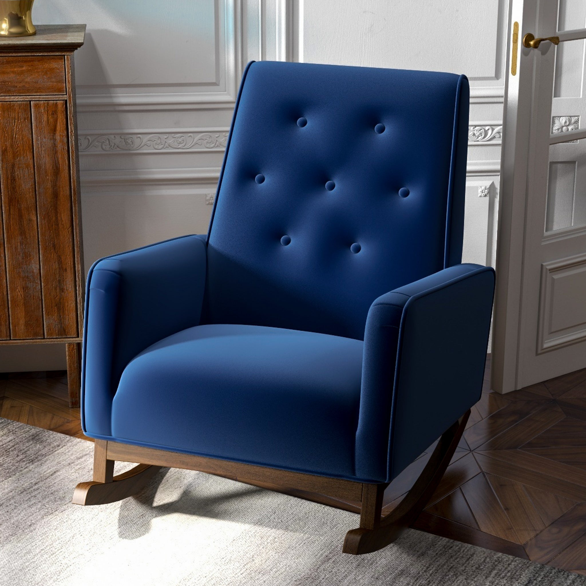 Windsor Dark Blue Velvet Fabric Rocking Chair - MidinMod