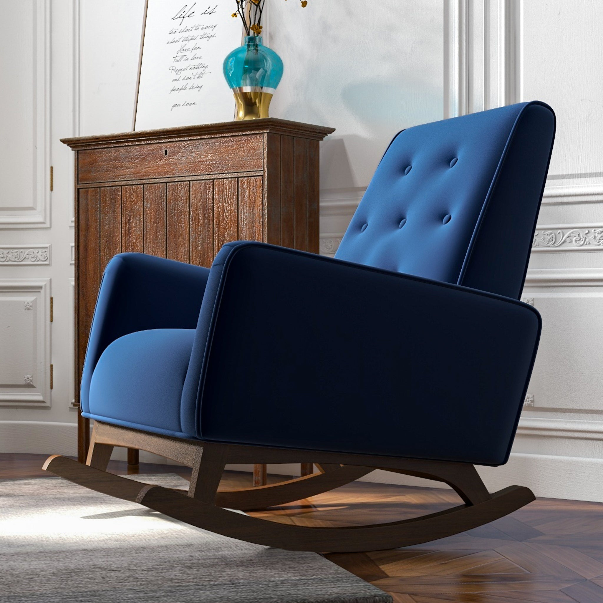 Windsor Dark Blue Velvet Fabric Rocking Chair - MidinMod