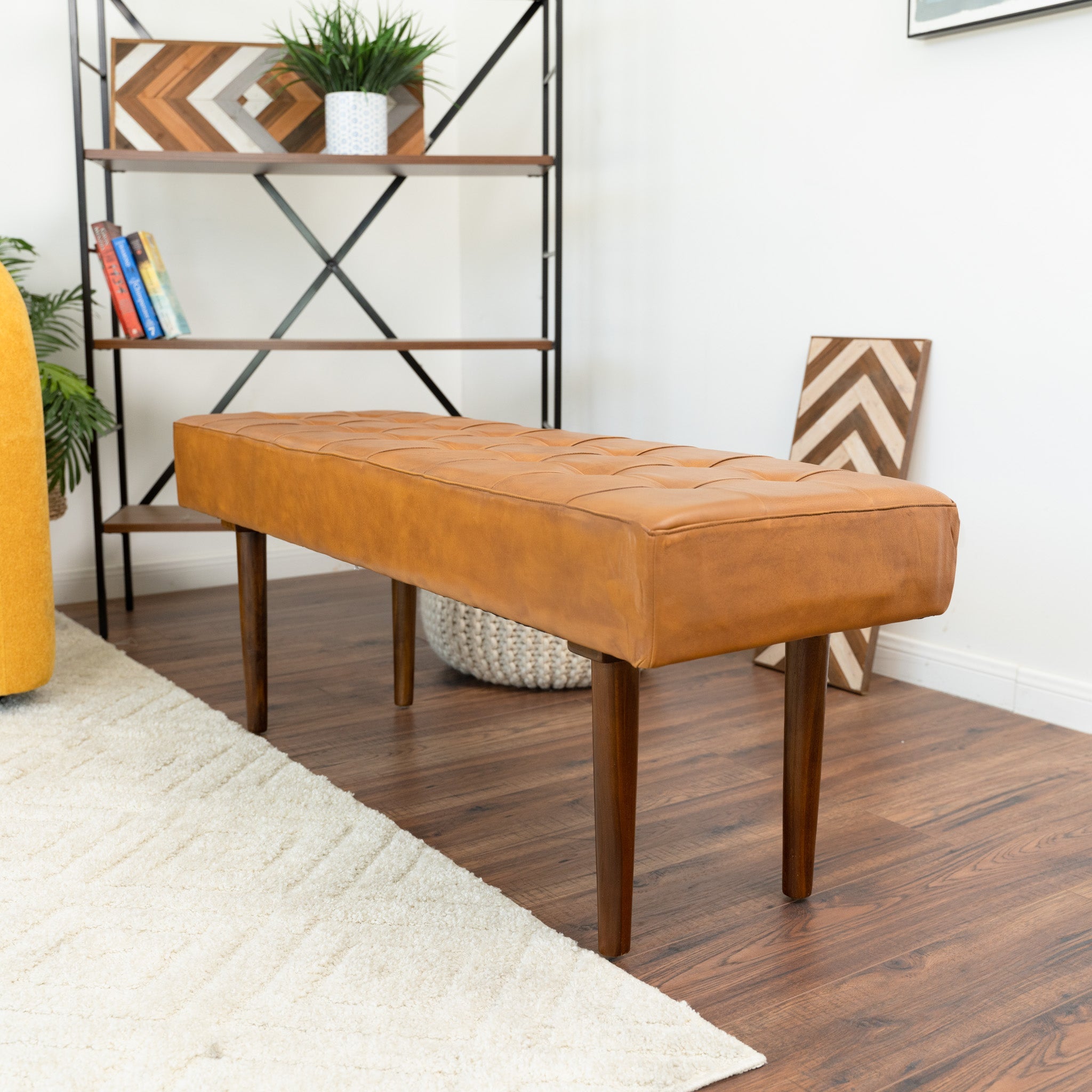 Banten Tan Leather Bench | Mid-Century Modern Tufted Genuine Leather Seating | MidinMod