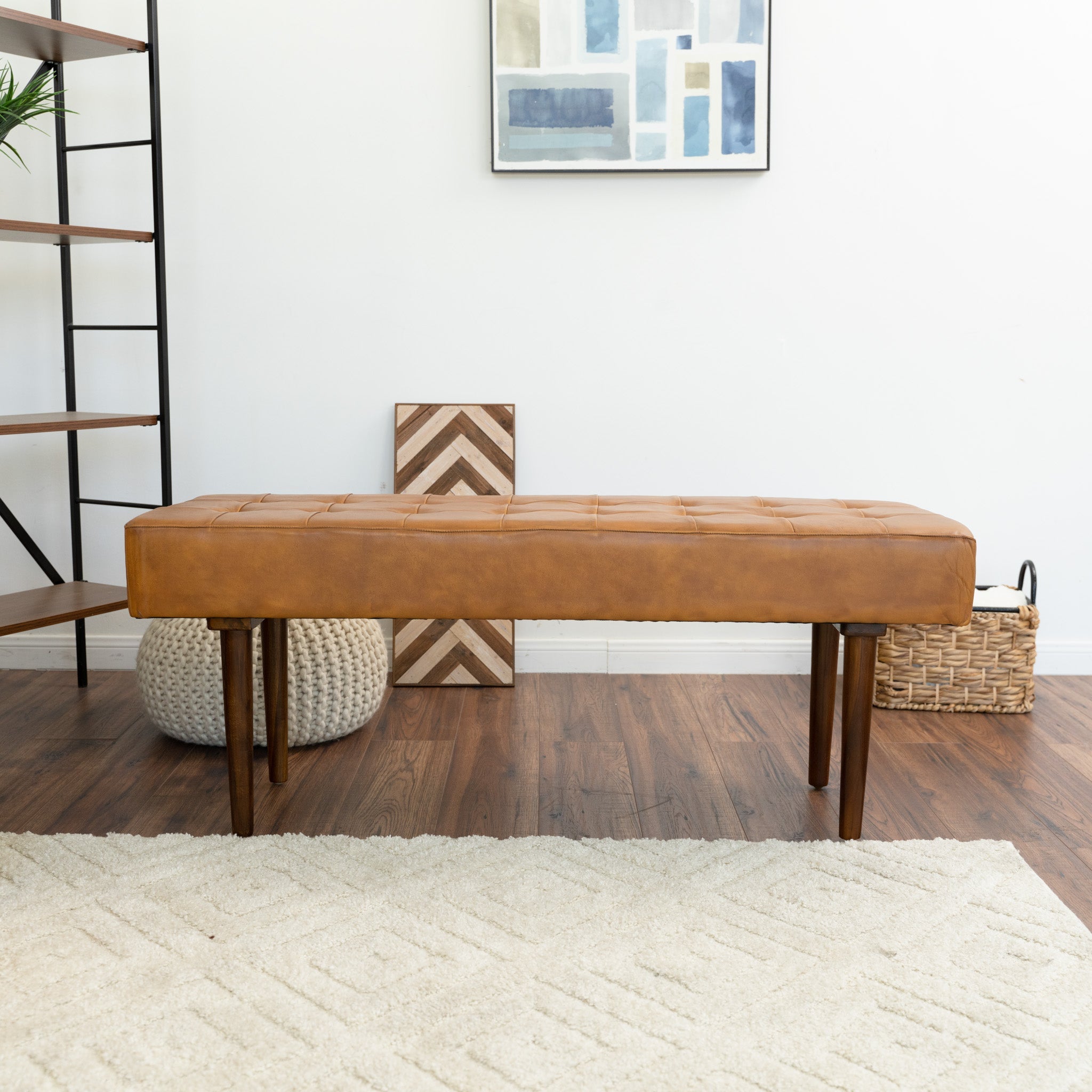Banten Tan Leather Bench | Mid-Century Modern Tufted Genuine Leather Seating | MidinMod