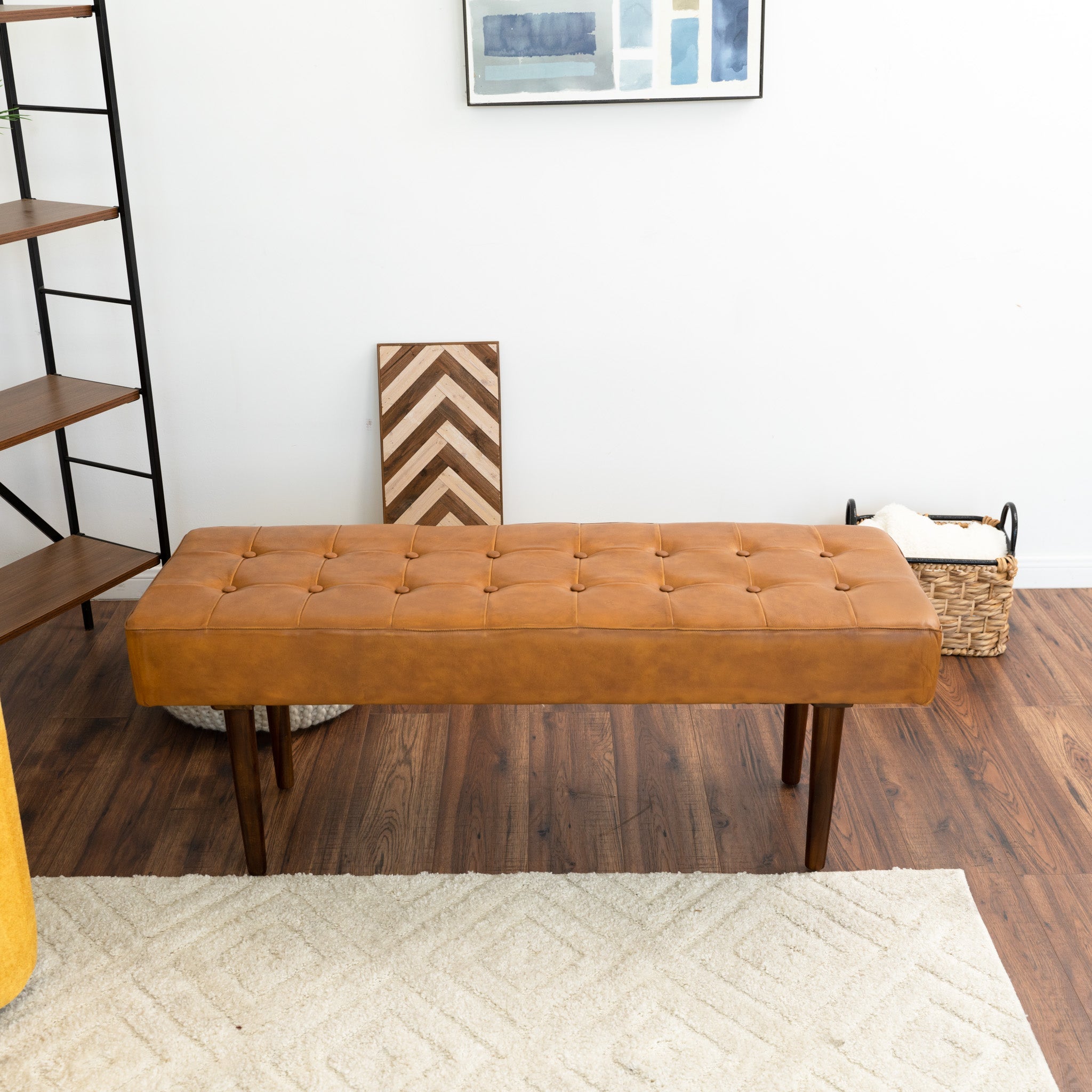 Banten Tan Leather Bench | Mid-Century Modern Tufted Genuine Leather Seating | MidinMod