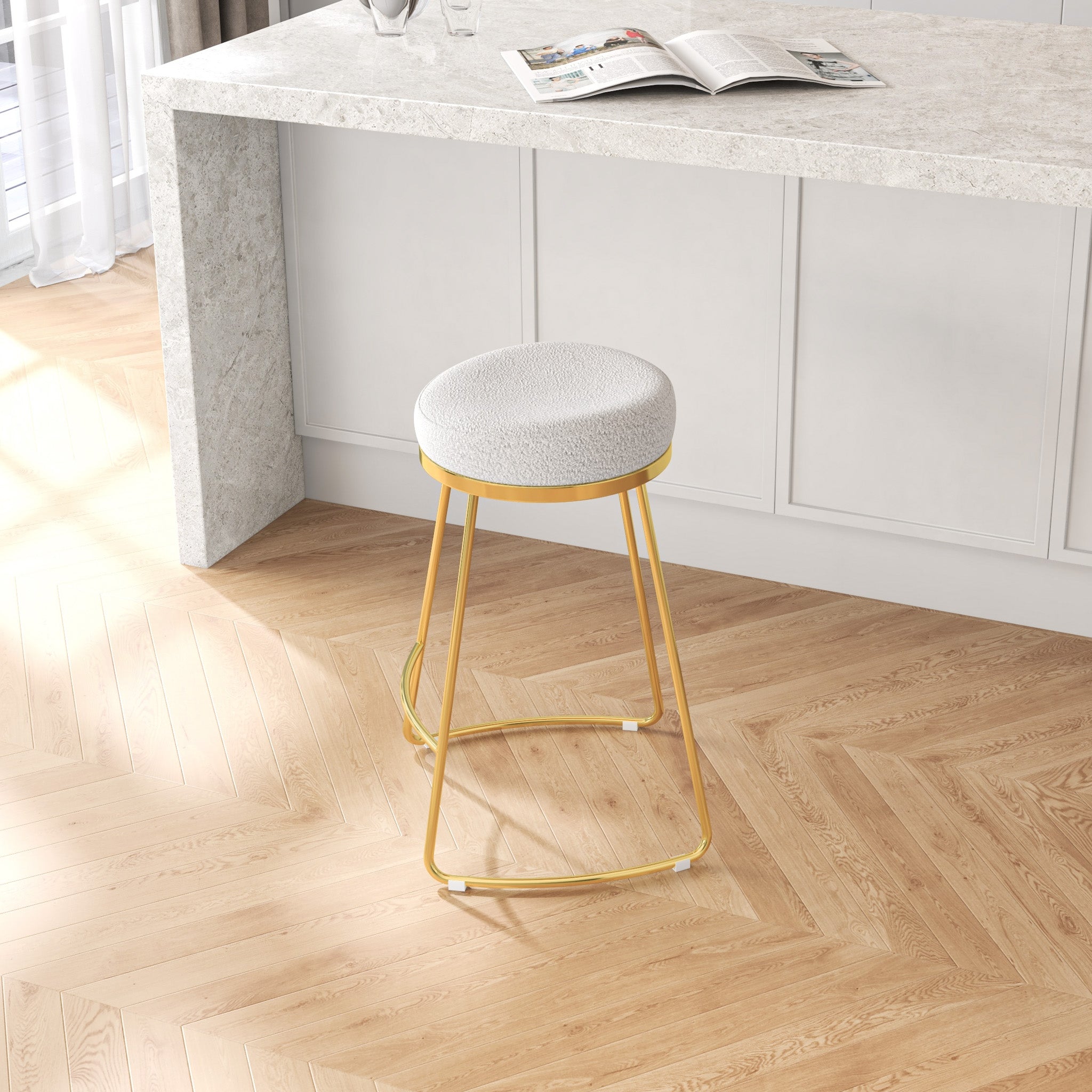 Bissel Mid-Century Modern Beige Boucle Counter Stool with Gold Legs | MidinMod