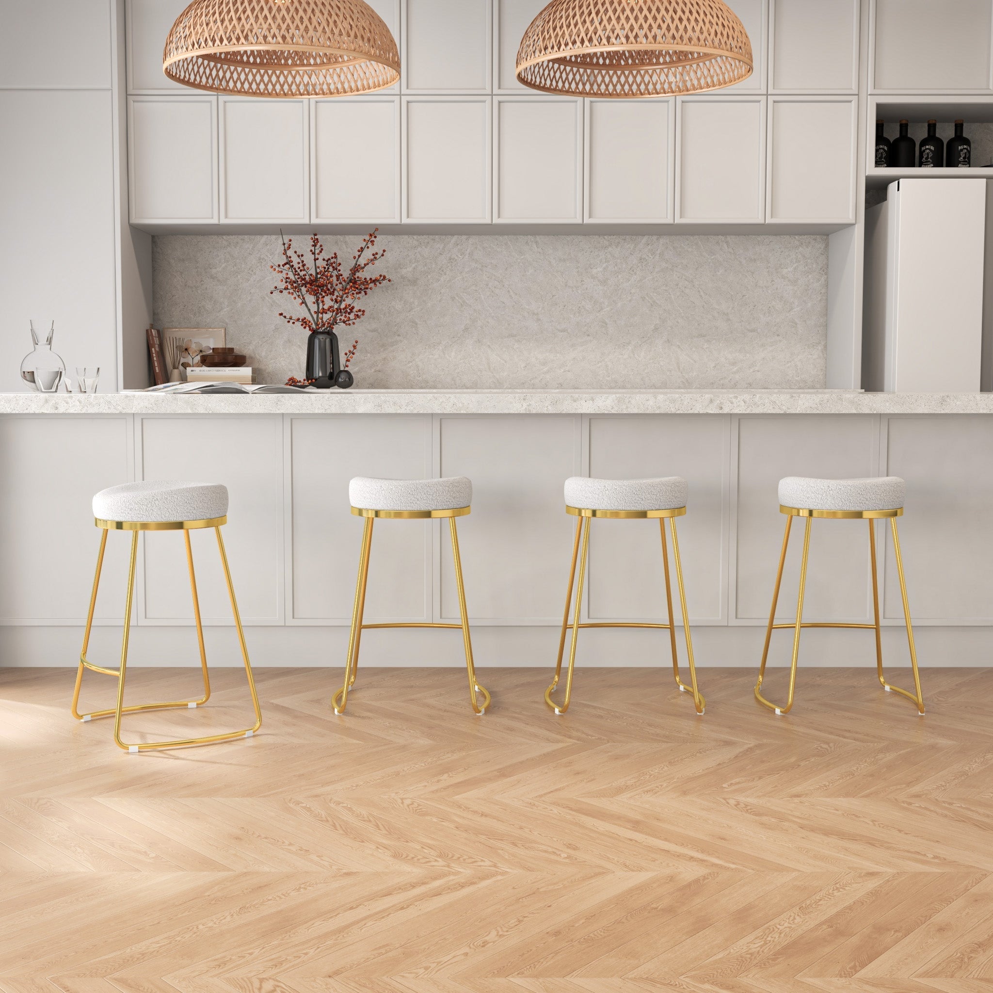Bissel Mid-Century Modern Beige Boucle Counter Stool with Gold Legs | MidinMod