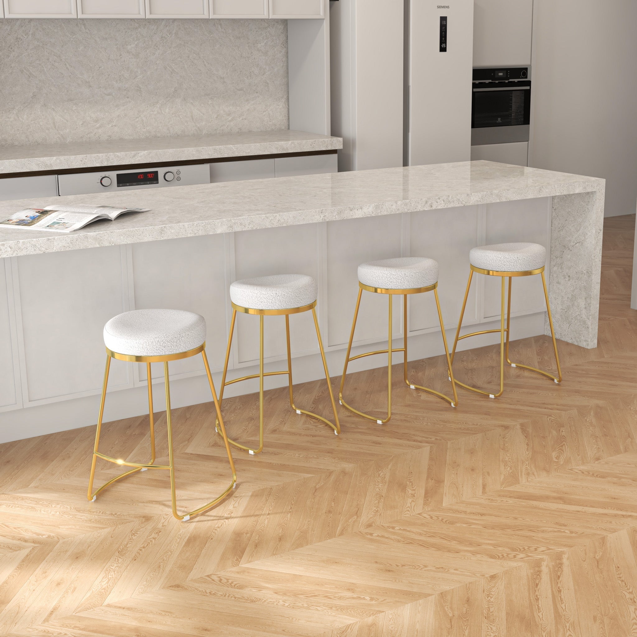 Bissel Mid-Century Modern Beige Boucle Counter Stool with Gold Legs | MidinMod