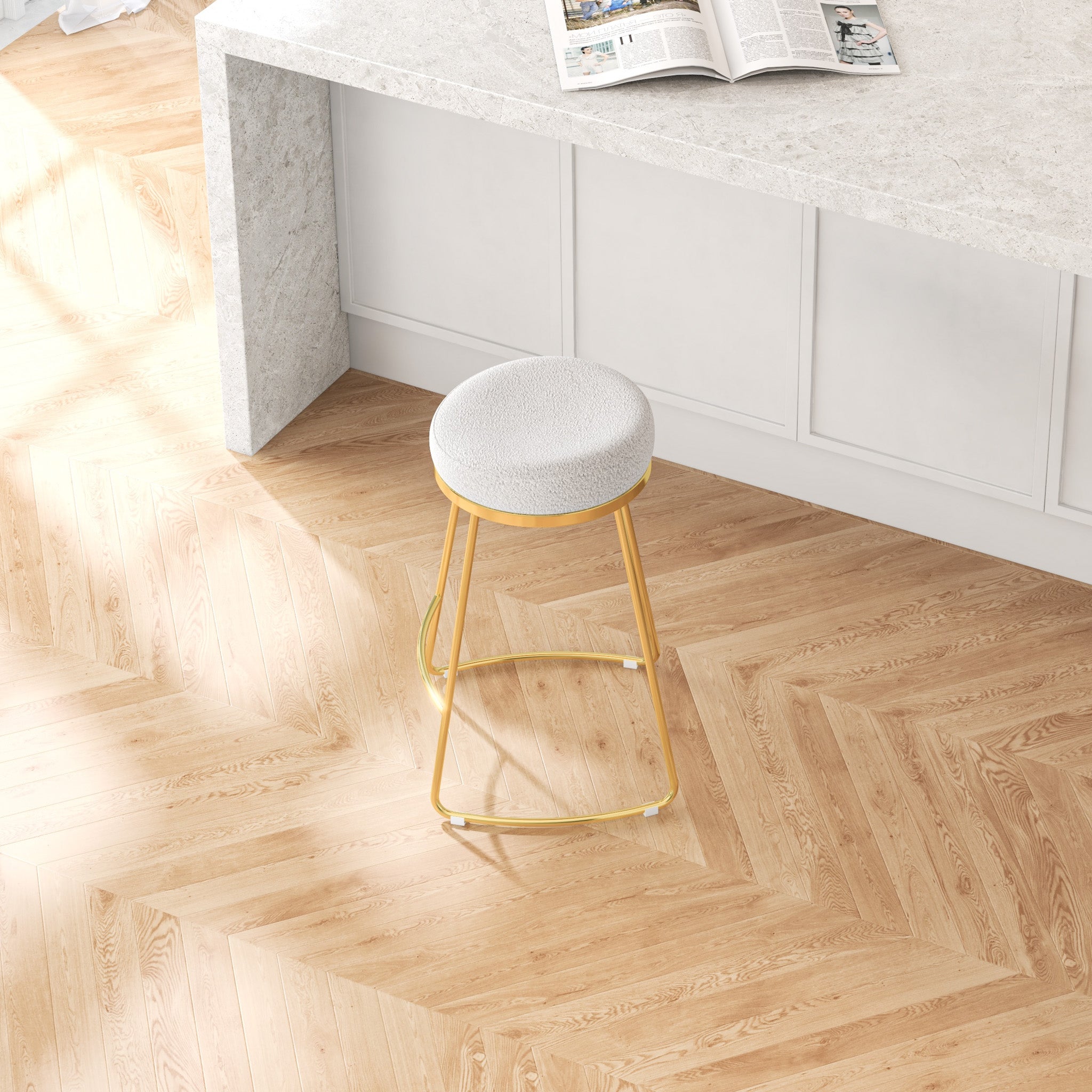 Bissel Mid-Century Modern Beige Boucle Counter Stool with Gold Legs | MidinMod