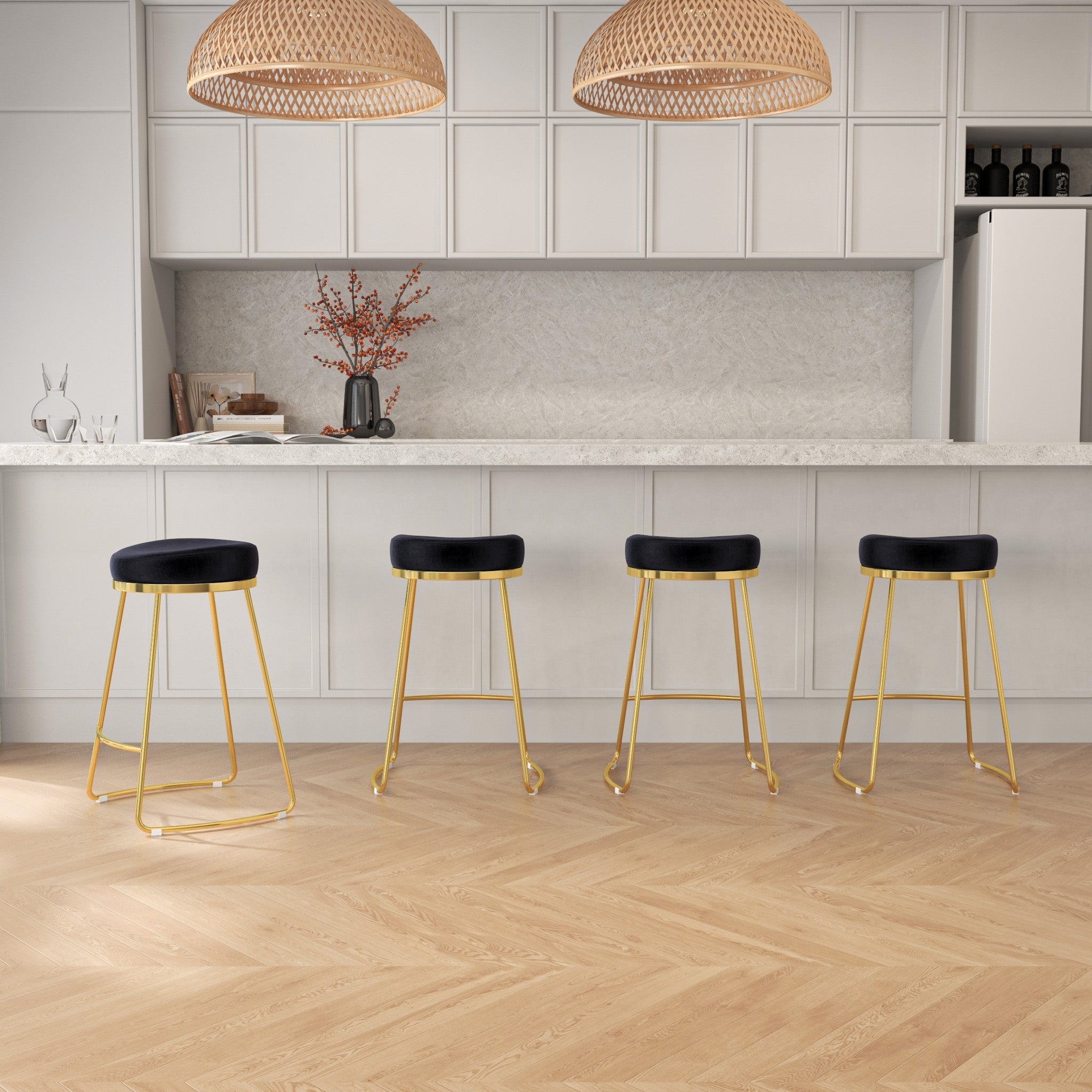 Bissel Mid-Century Modern Black Velvet Counter Stool with Gold Legs | MidinMod