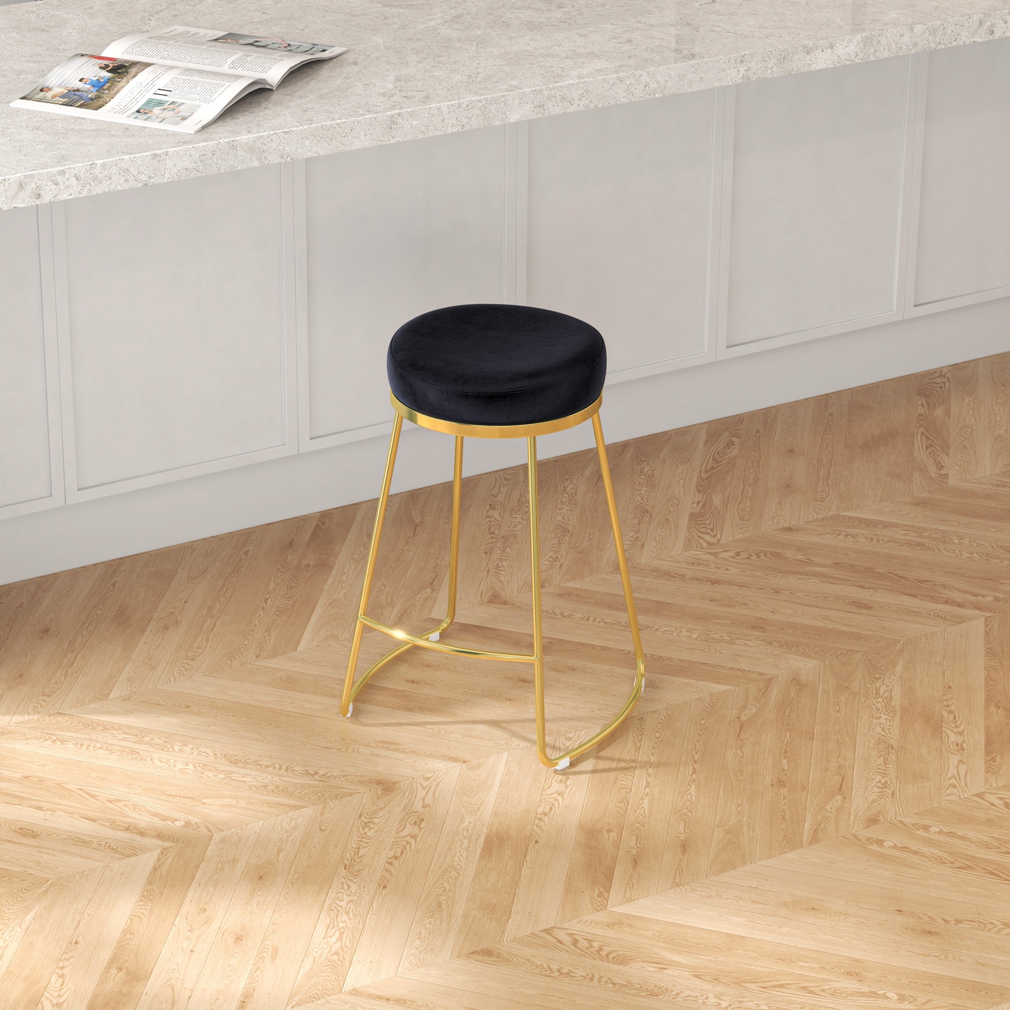 Bissel Mid-Century Modern Black Velvet Counter Stool with Gold Legs | MidinMod