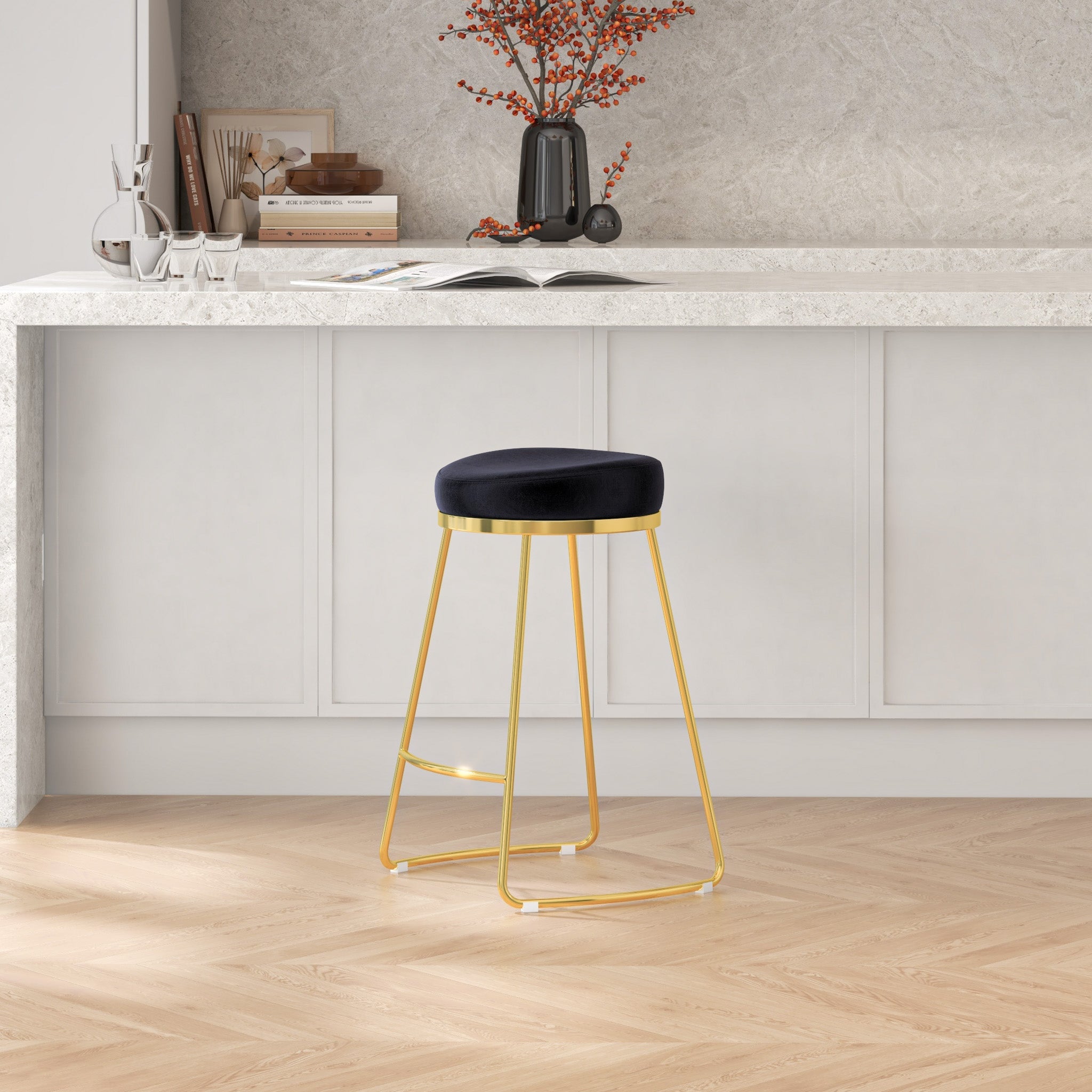 Bissel Mid-Century Modern Black Velvet Counter Stool with Gold Legs | MidinMod