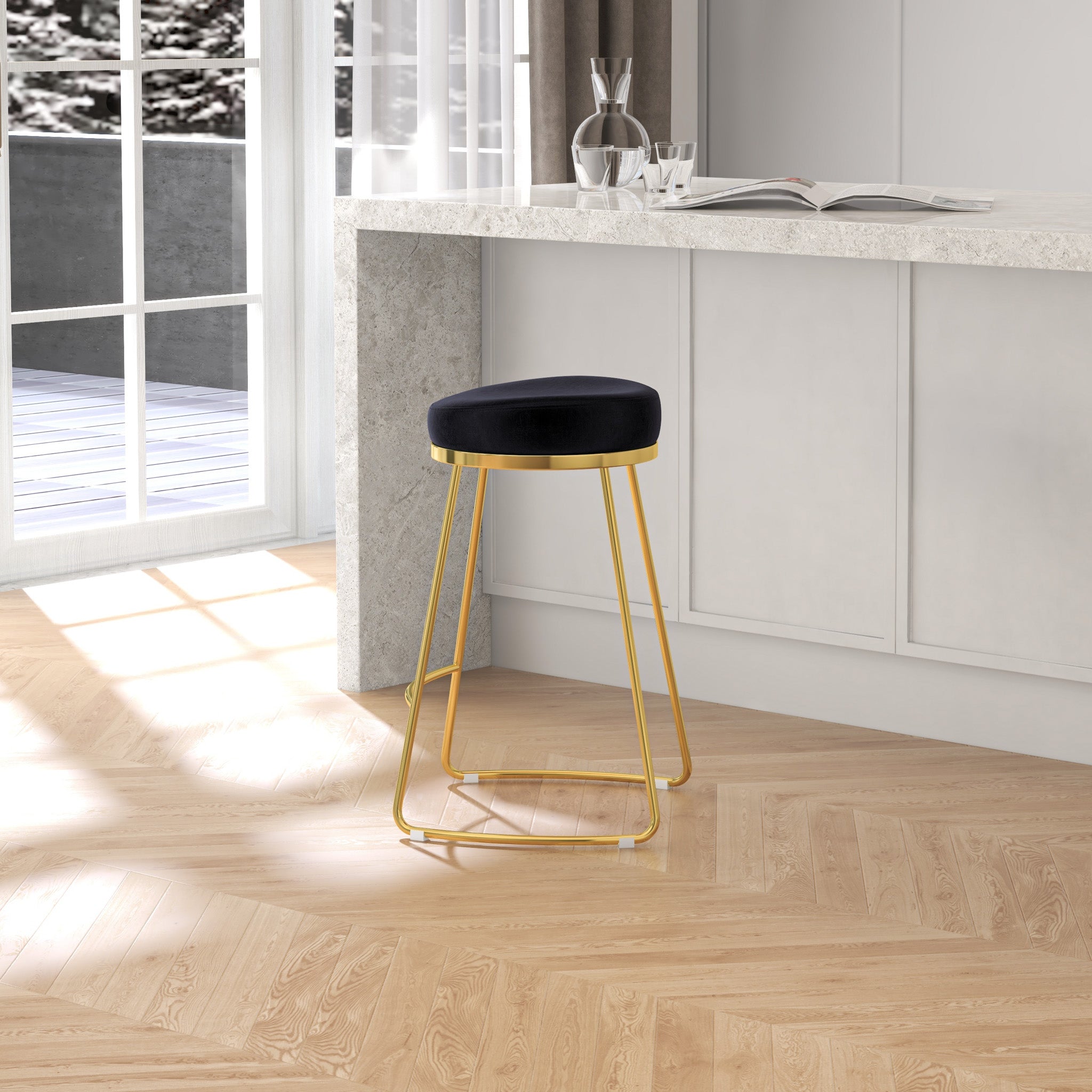 Bissel Mid-Century Modern Black Velvet Counter Stool with Gold Legs | MidinMod