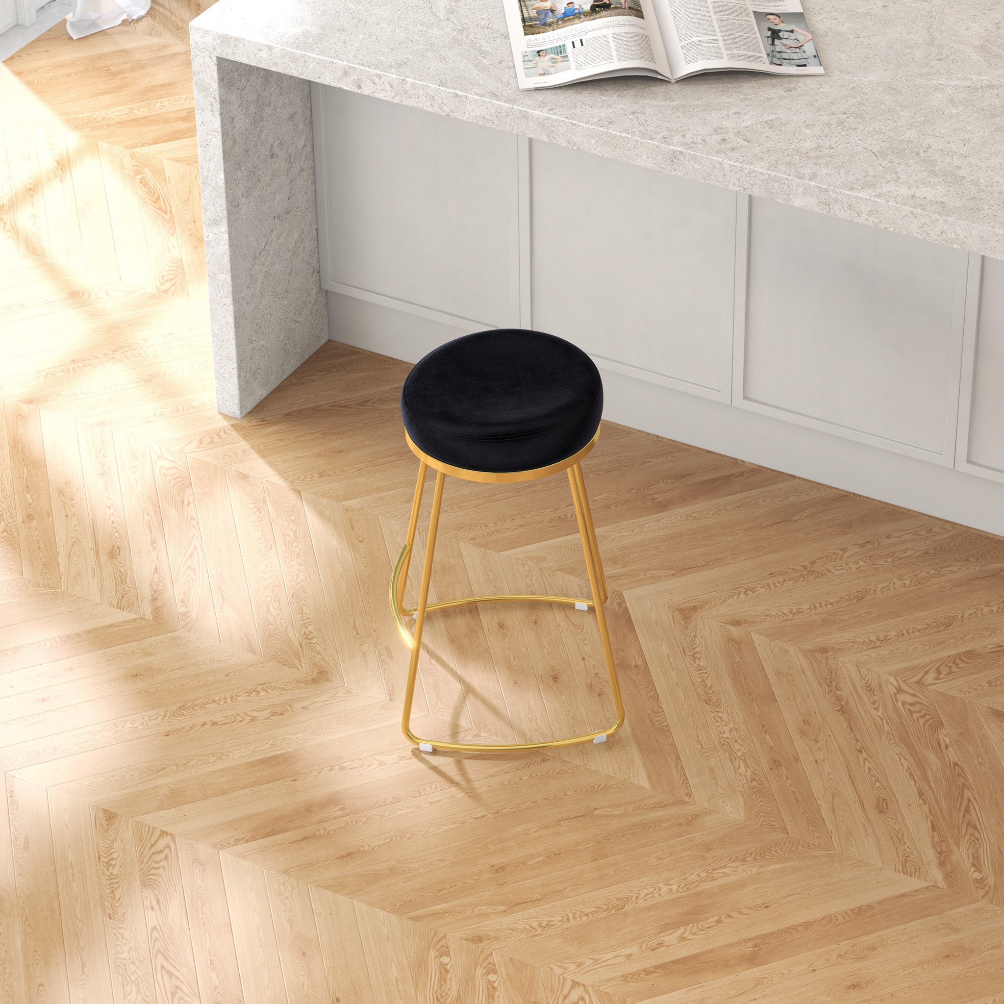 Bissel Mid-Century Modern Black Velvet Counter Stool with Gold Legs | MidinMod