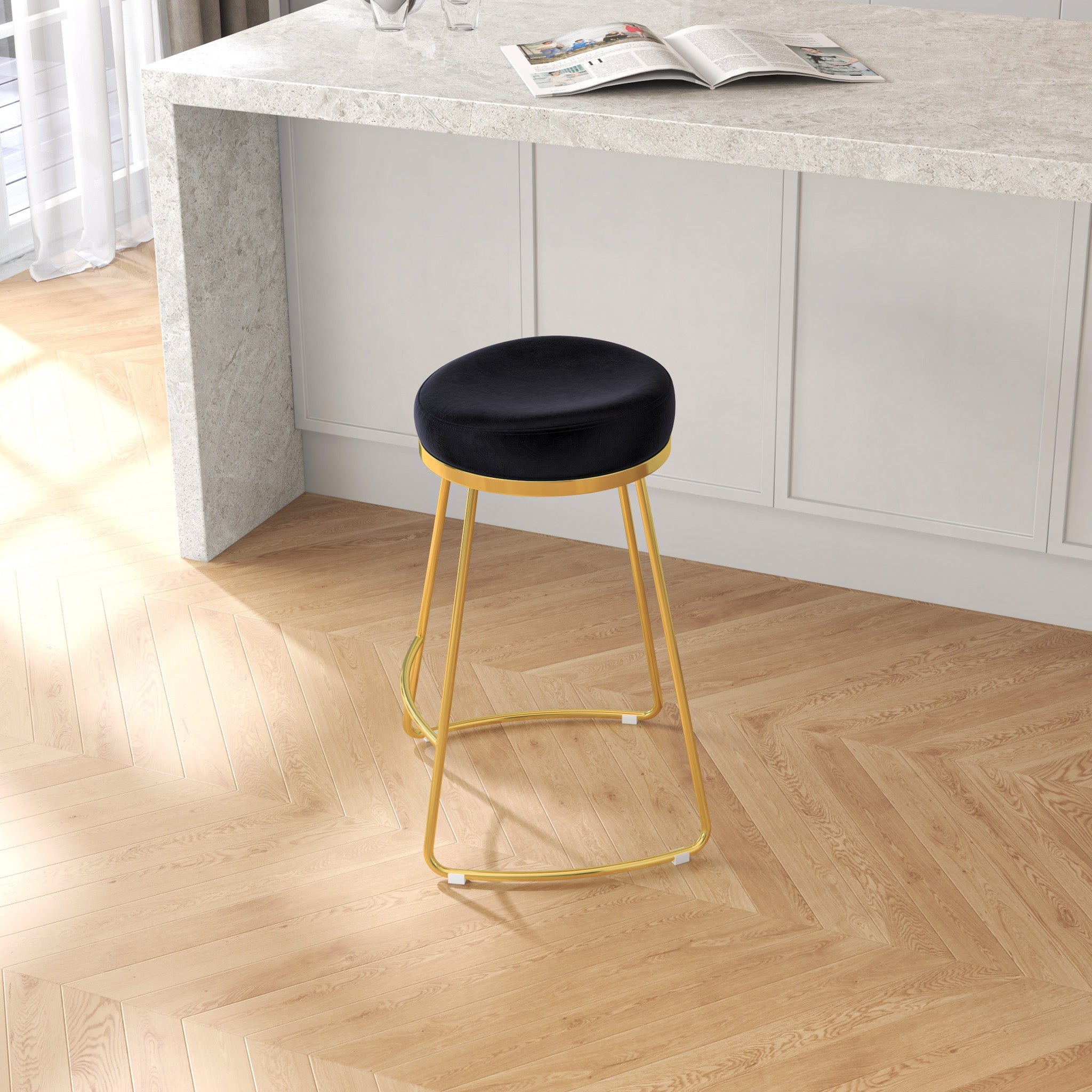 Bissel Mid-Century Modern Black Velvet Counter Stool with Gold Legs | MidinMod
