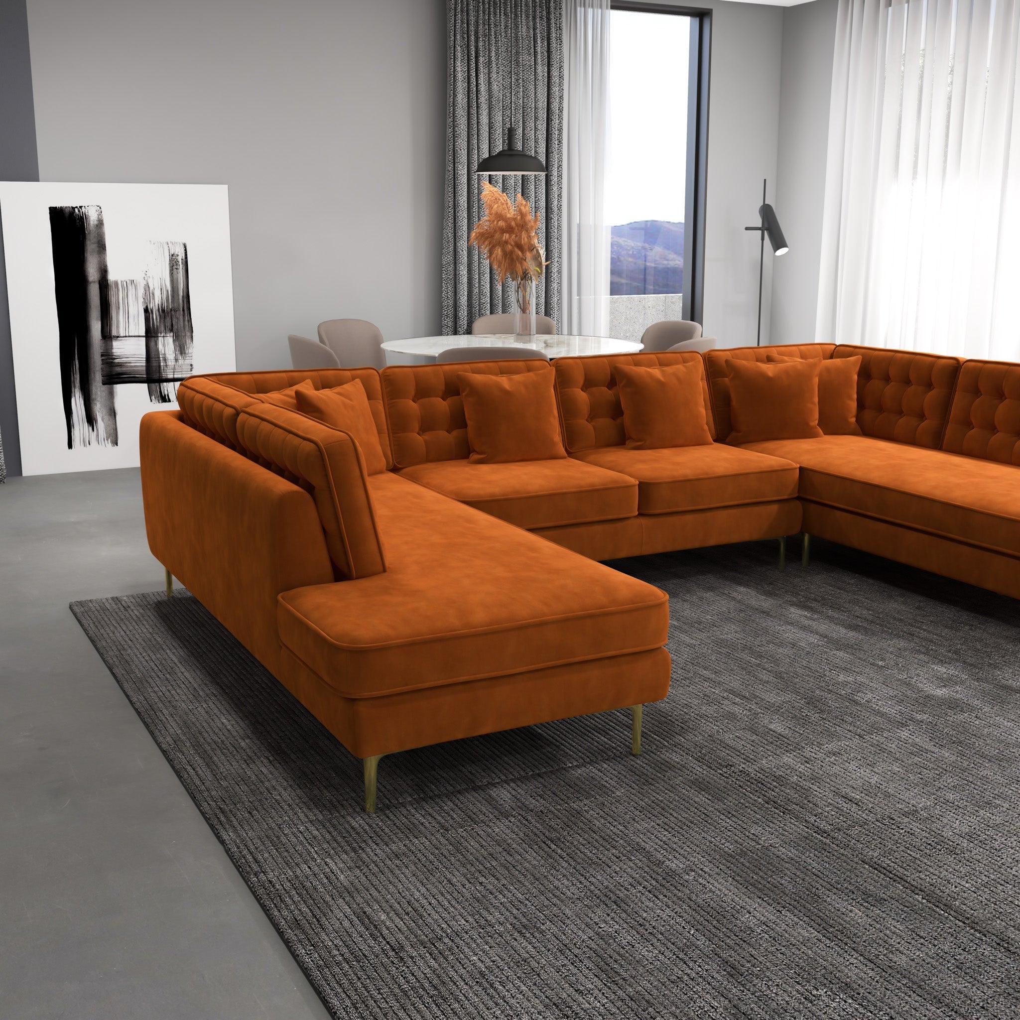 Caleb Burnt Orange Velvet U Shape Corner Sofa - MidinMod