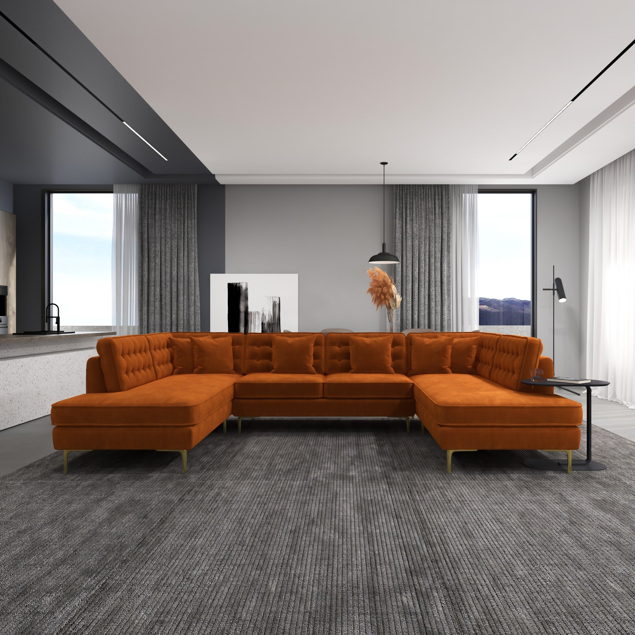 Caleb Burnt Orange Velvet U Shape Corner Sofa - MidinMod